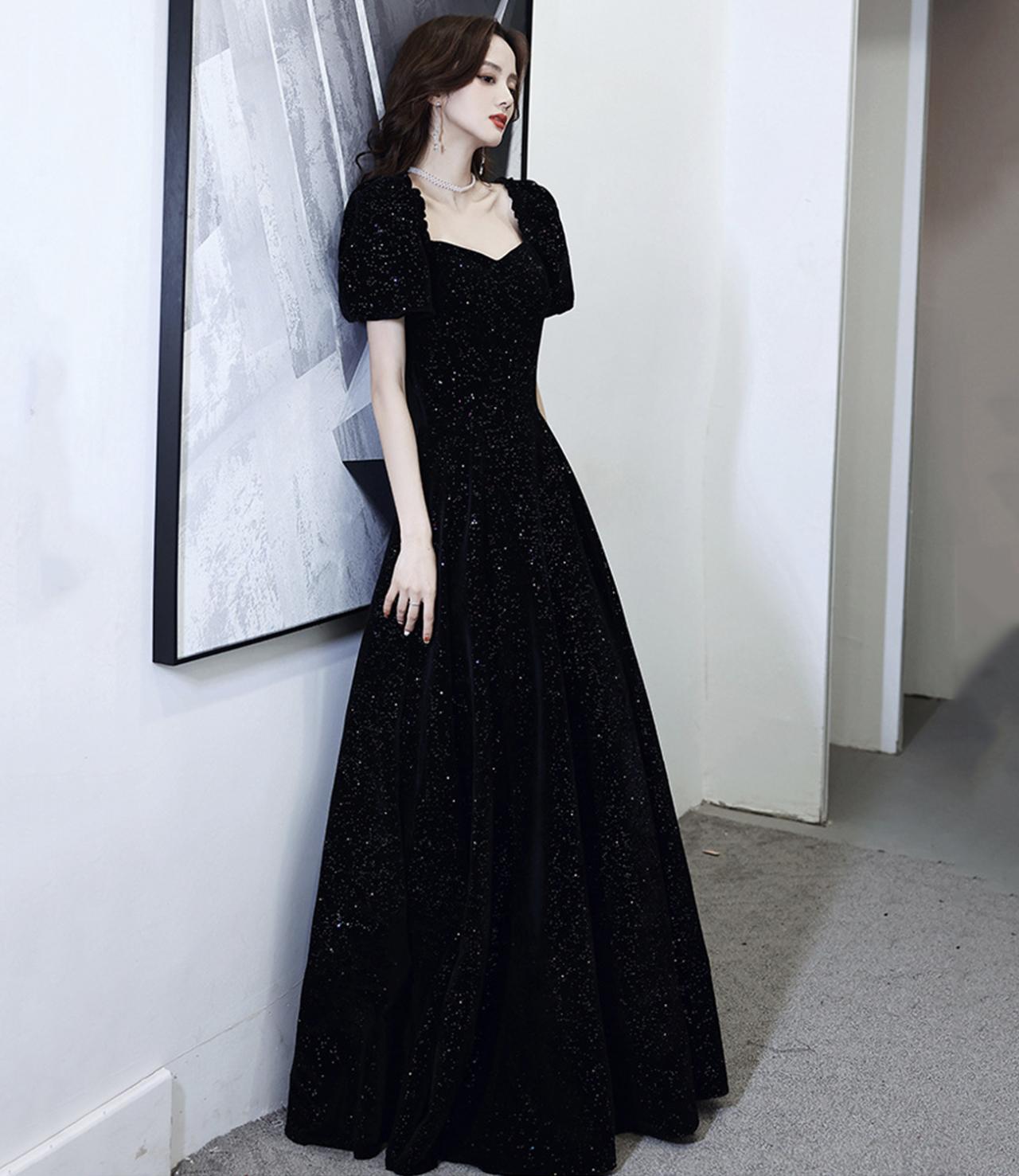 Black Velvet Sequins Long Prom Dress A Line Evening Dress