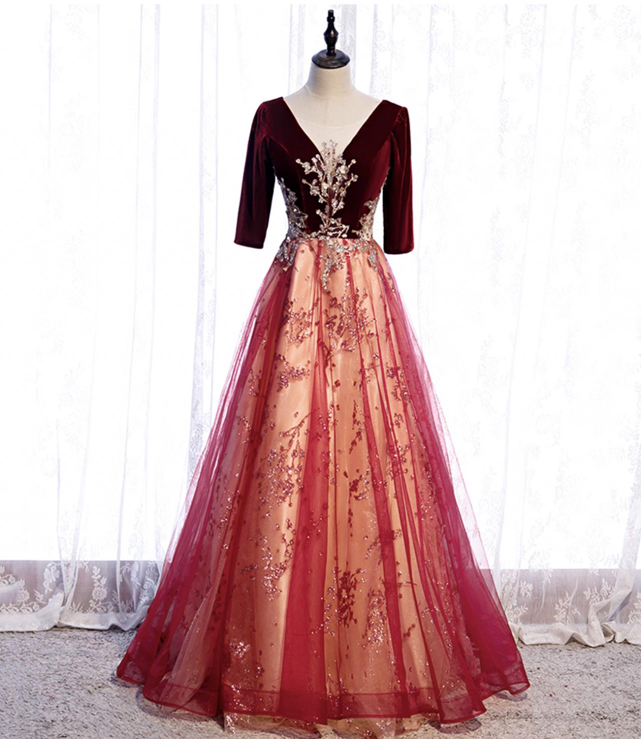 Burgundy Velvet Tulle Long Prom Dress A Line Evening Dress