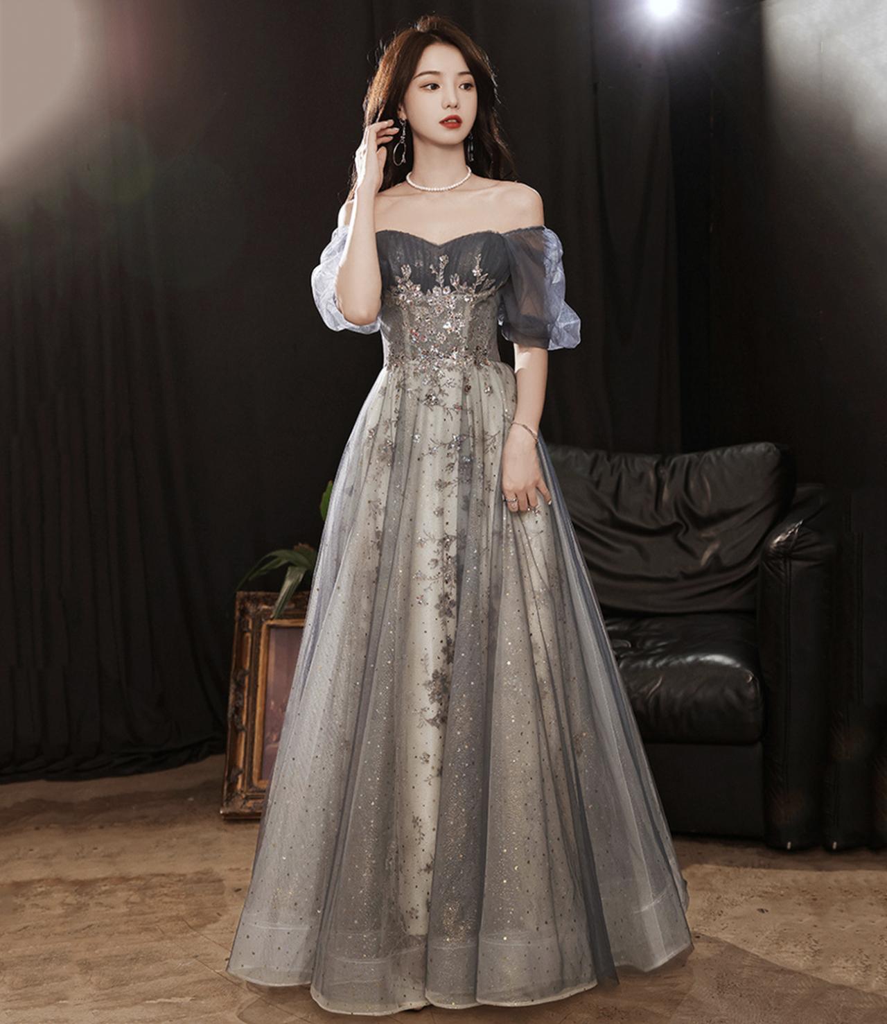 Gray Tulle Sequins Long Prom Dress Gray Evening Dress