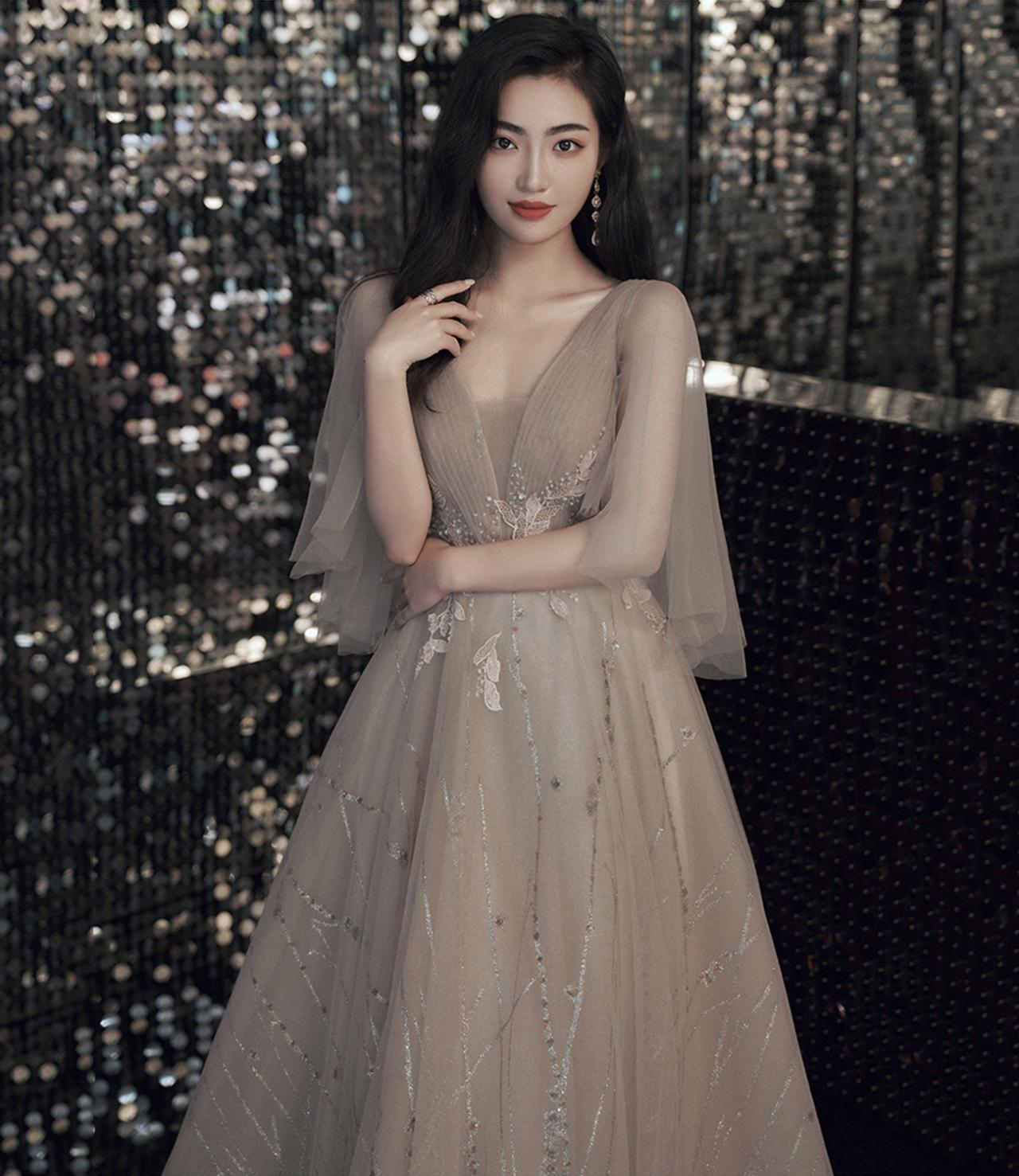 Champagne A-Line Tulle Lace Long Prom Dress Evening Dress,DP389