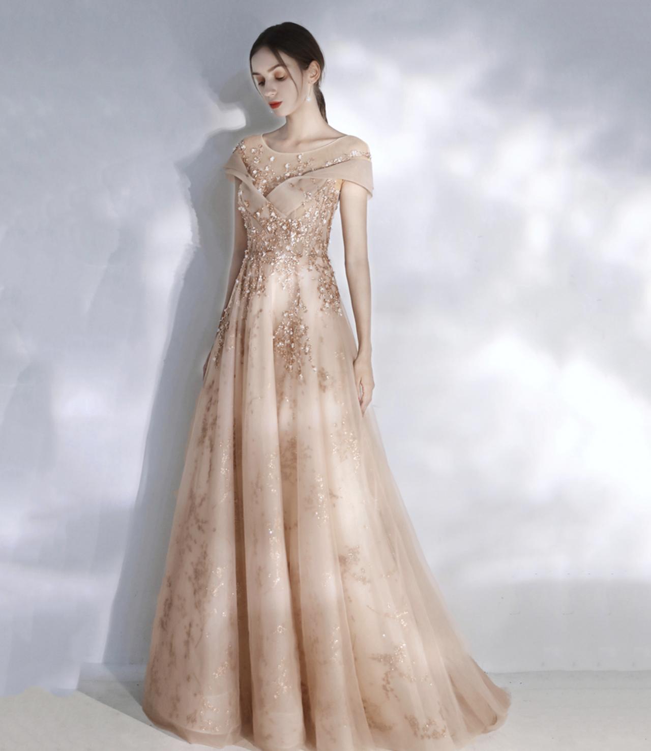 Casual Dress Wedding Dresses For 50th Anniversary Party Champagne Tulle  Sequin Beads Long Prom Dress Tulle