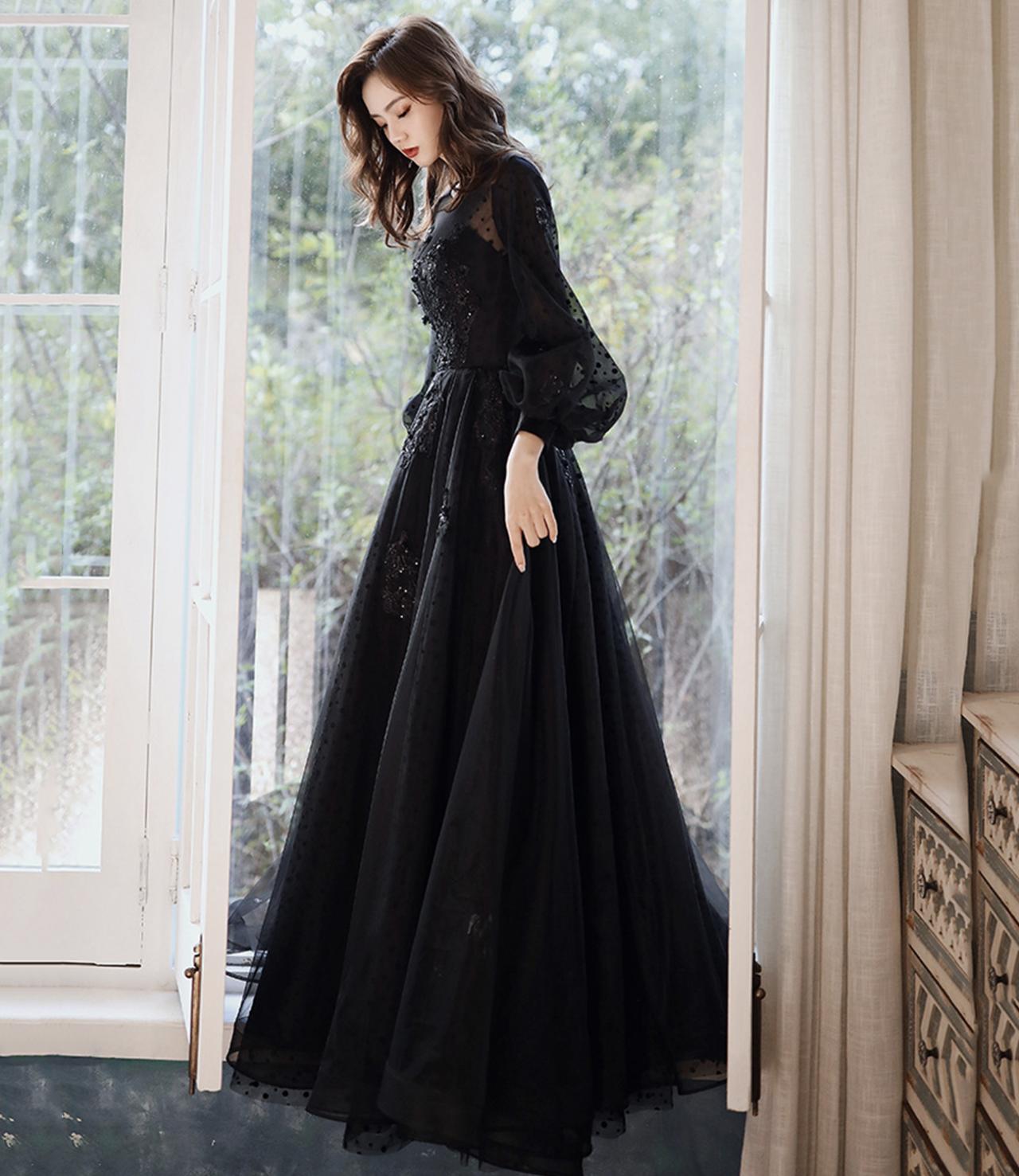 Black Tulle Lace Long Prom Dress Black Evening Dress