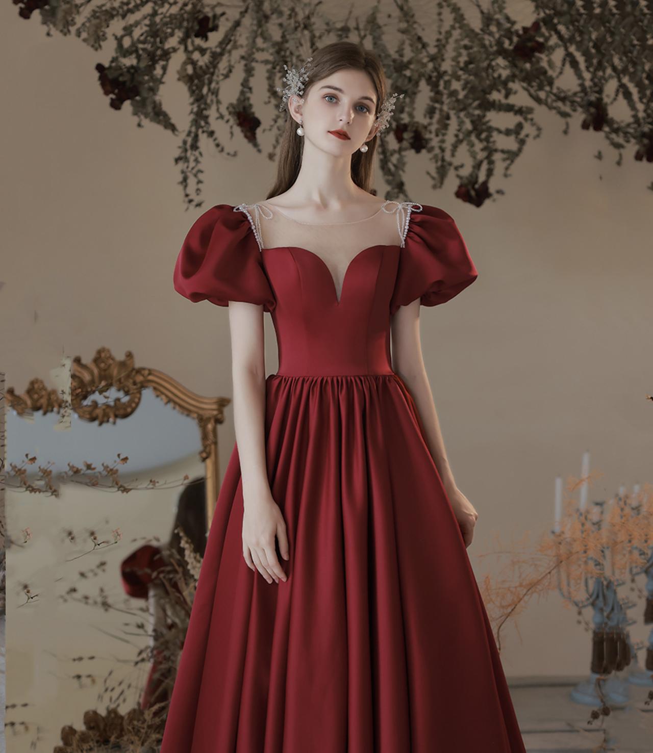 Sexy Burgundy Square Neck Satin Long Prom Dress Evening Gowns SP1906 main image 1