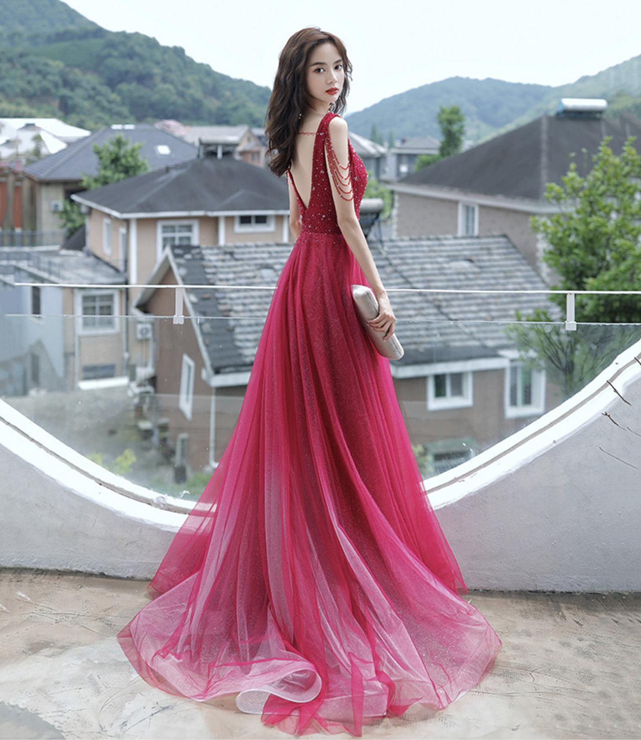 Gorgeous Red Tulle Beaded Party Evening Dress Long Prom Dress cc2128 main image 0