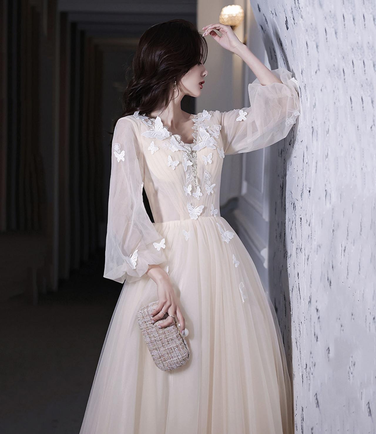 Light champagne tulle long prom dress A line evening dress,DS3208 main image 1