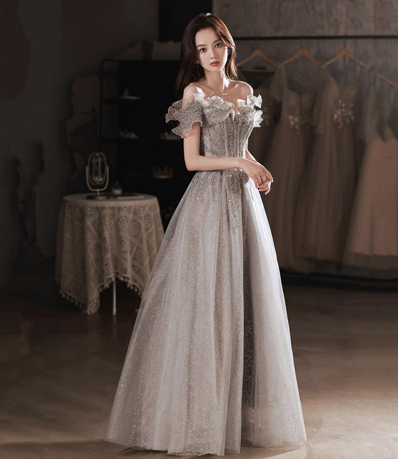 Gray Tulle Sequins Long Prom Dress A Line Evening Dress