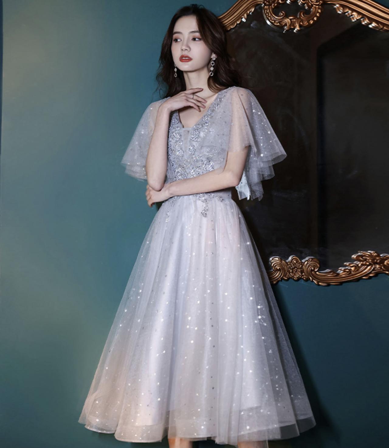 Gray Tulle Sequins A Line Prom Dress Homecoming Dress