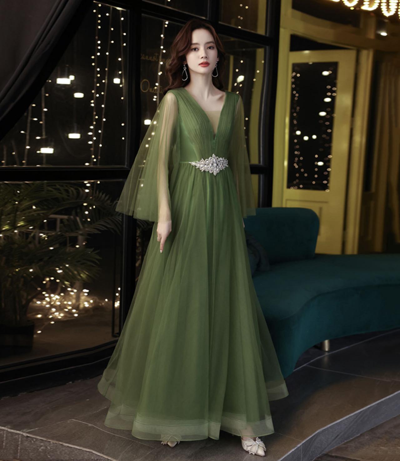 Green Tulle Beads Long Prom Dress Green Evening Dress