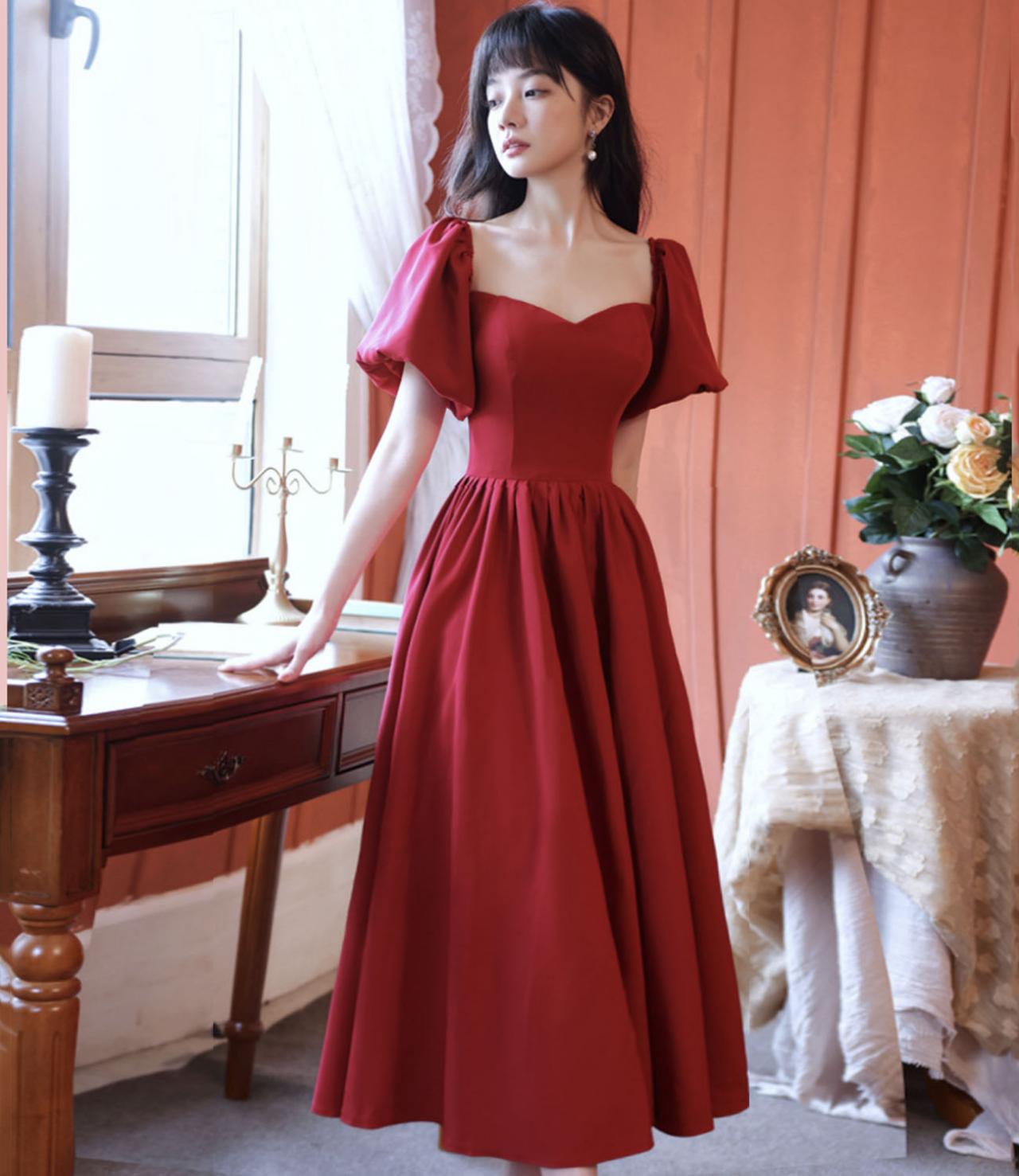 Burgundy Saitn A Line Prom Dress Homecoming Dress