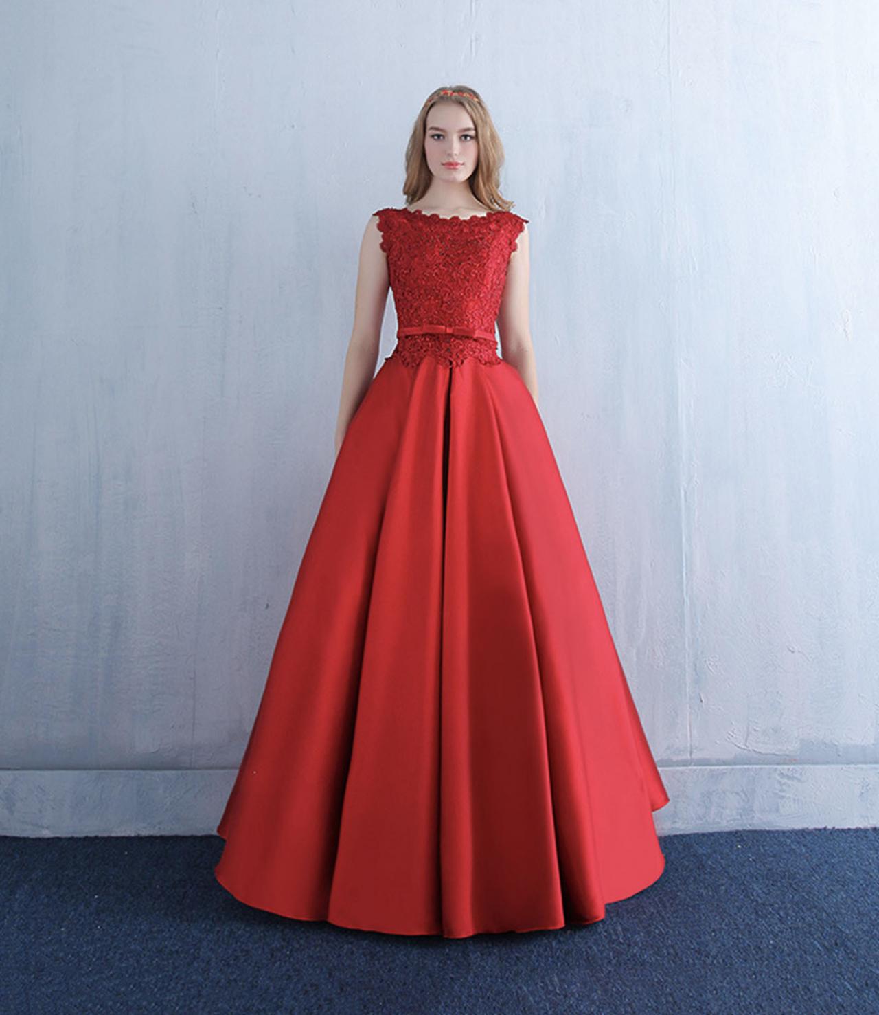 Red Satin Lace Long Prom Dress A Line Evening Gown