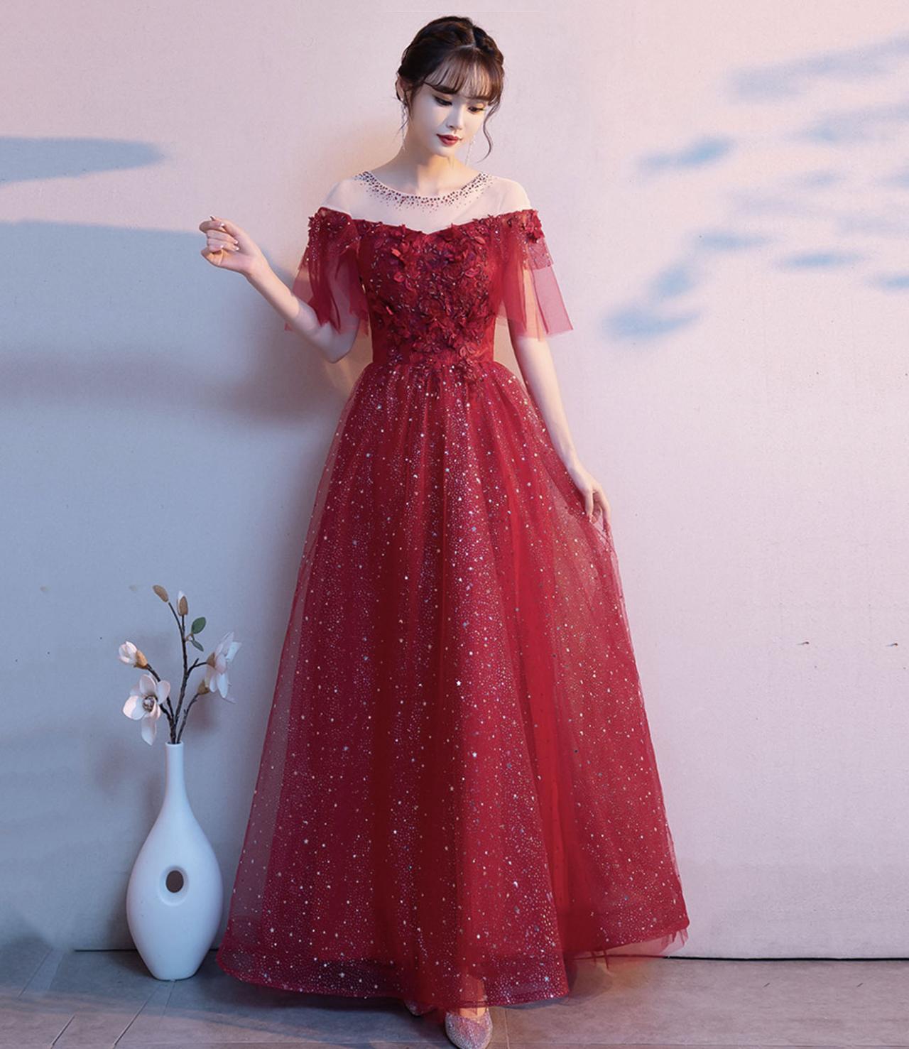 Burgundy Tulle Lace Long Prom Dress A Line Evening Dress