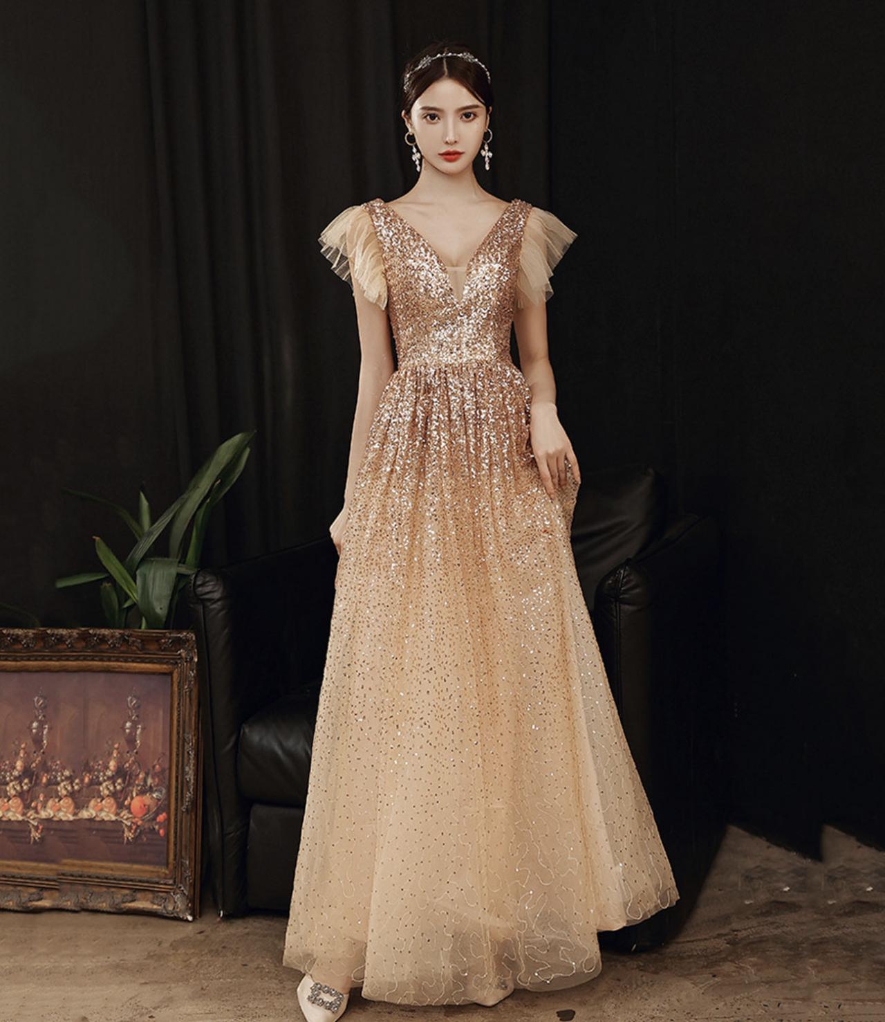 Gold Tule Sequins Long Prom Dress A Ine Evening Dress
