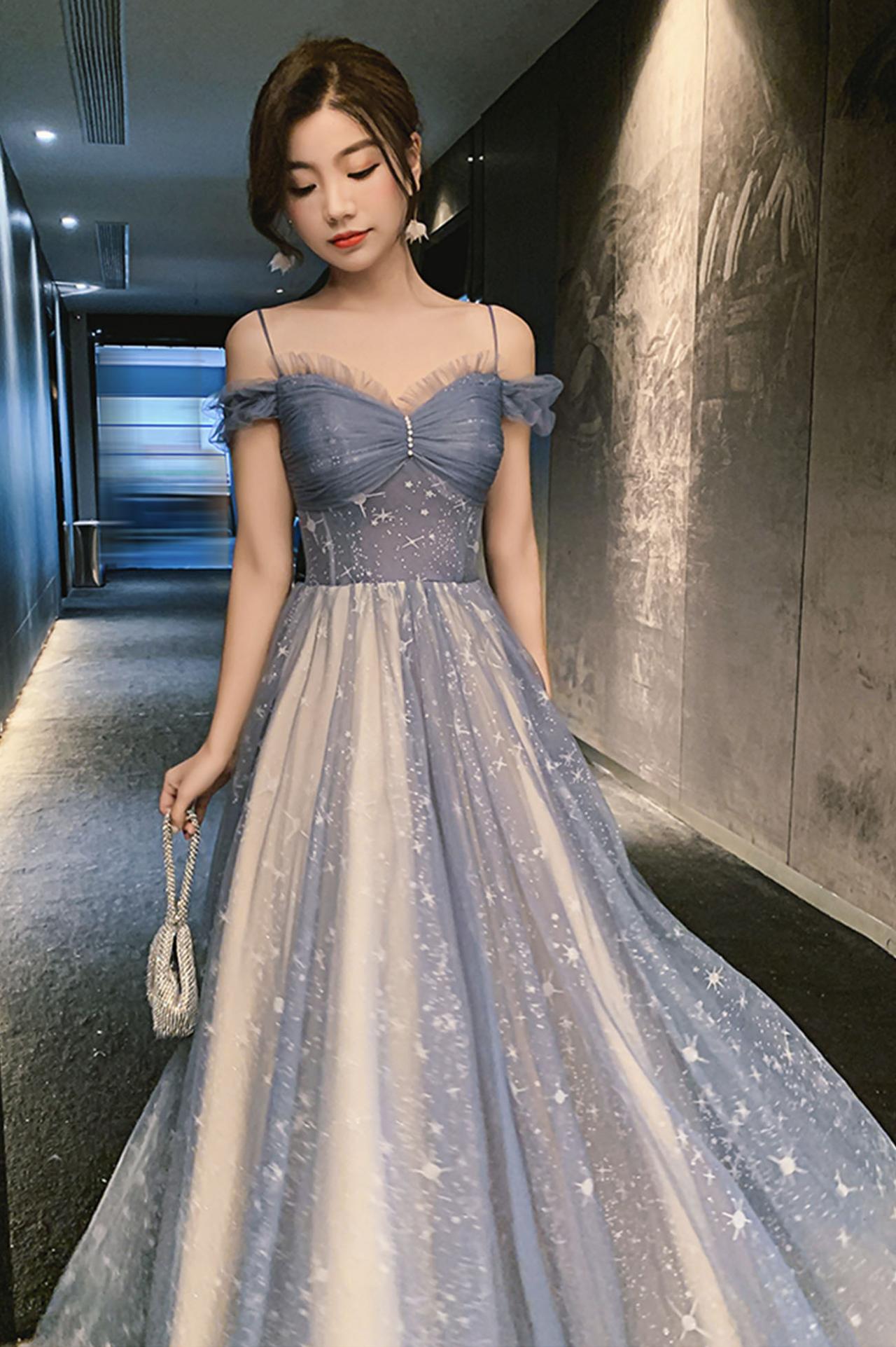 Blue tulle long prom dress A line evening dress Y5340 main image 1
