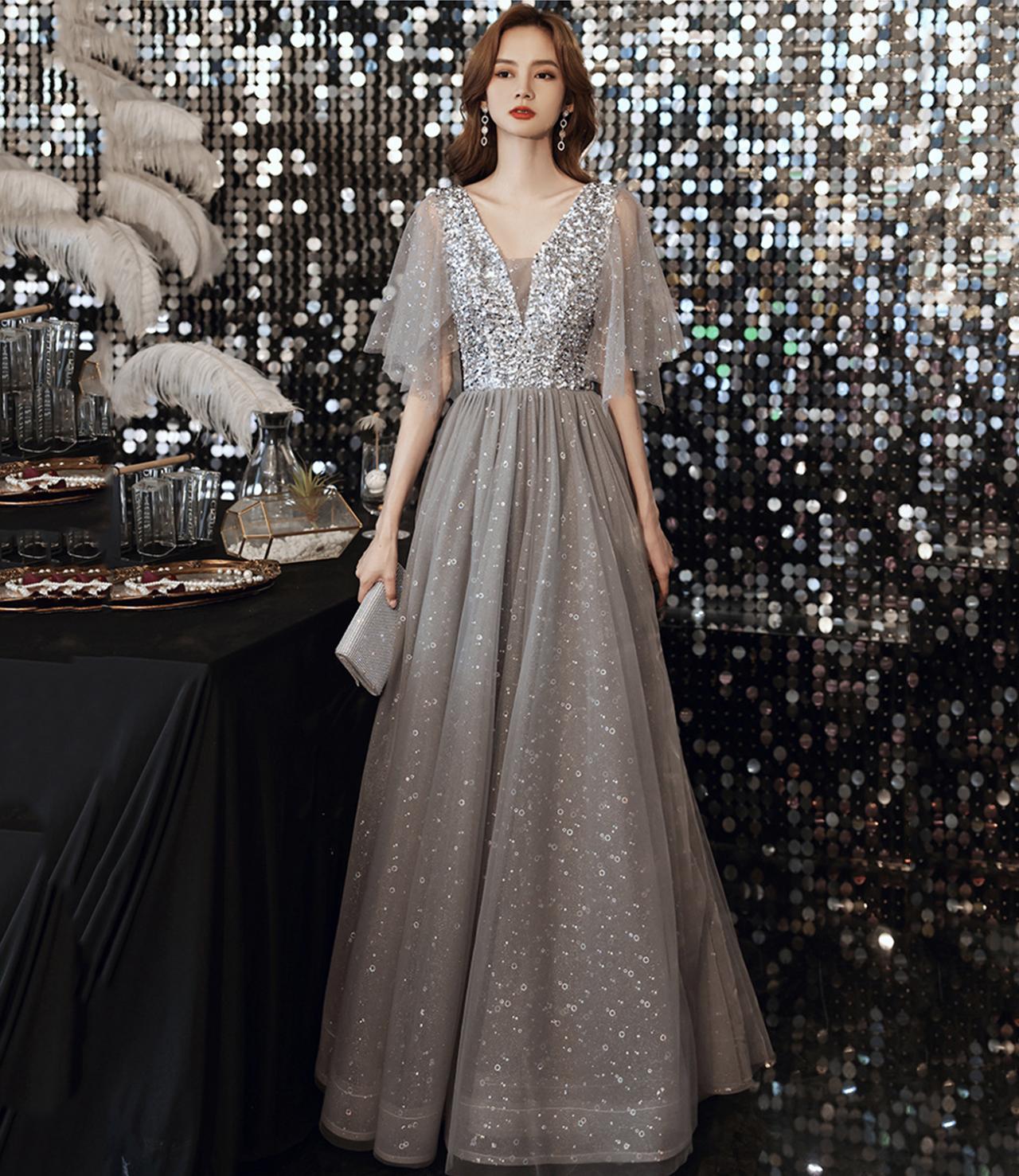 Gray Tulle Sequins Long Prom Dress A Line Evening Dress