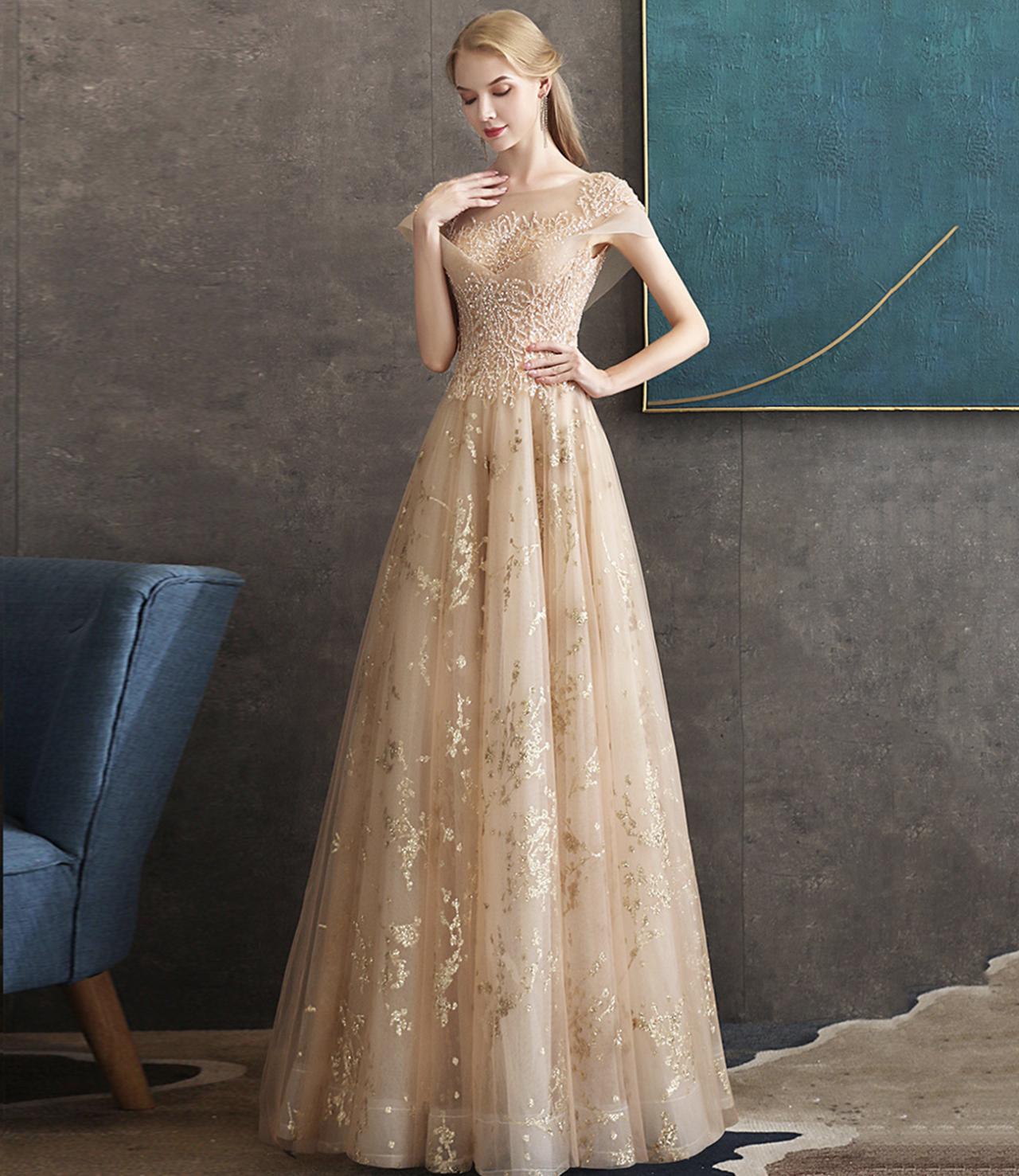 Champagne Tulle Sequins Long Prom Dress A Line Evening Dress