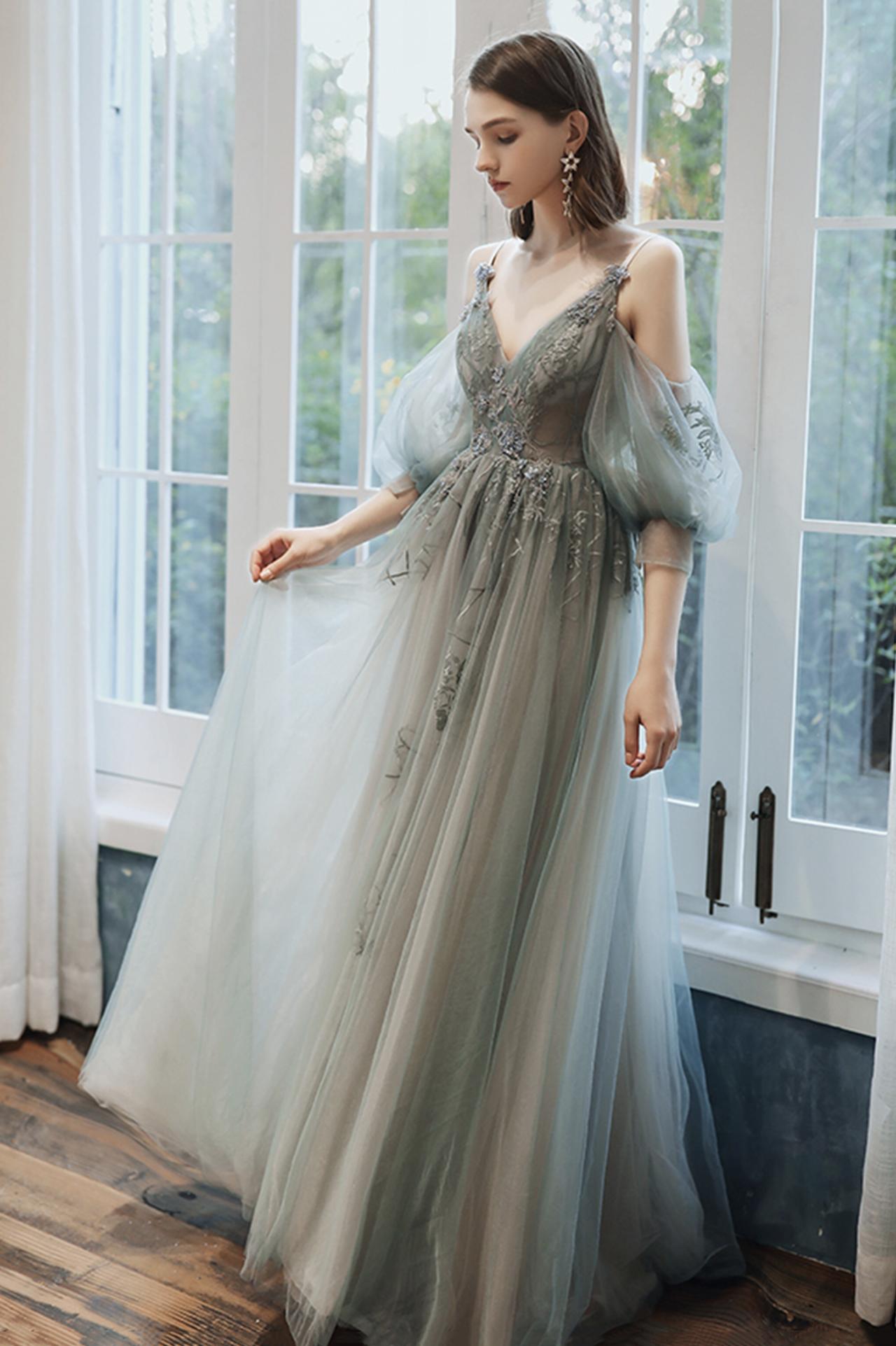 Cute tulle lace long A line prom dress evening dress C120