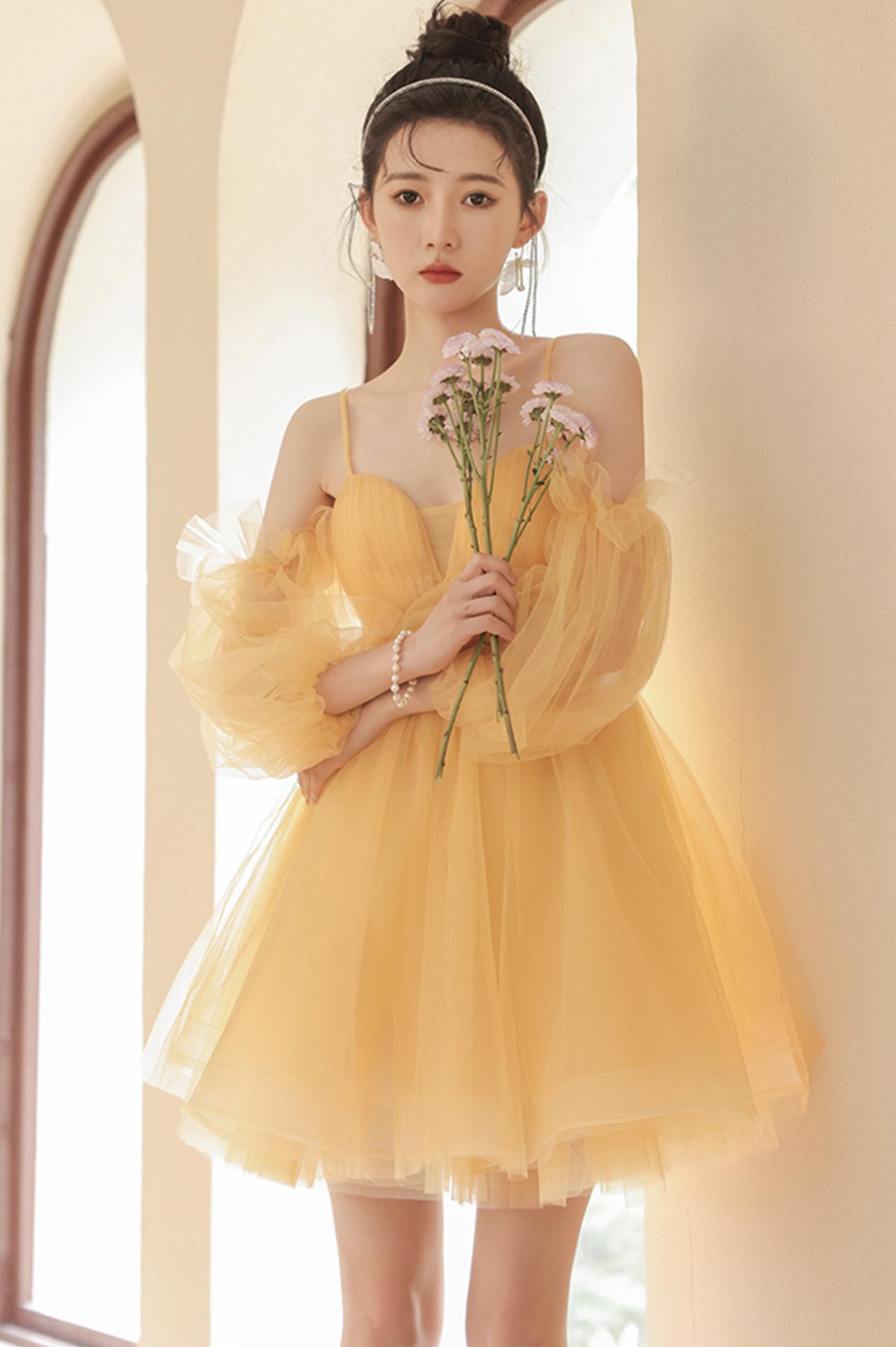 Yellow Tulle With Lace Sweetheart Long Evening Dress, Yellow Tulle Evening Prom Dress main image 1