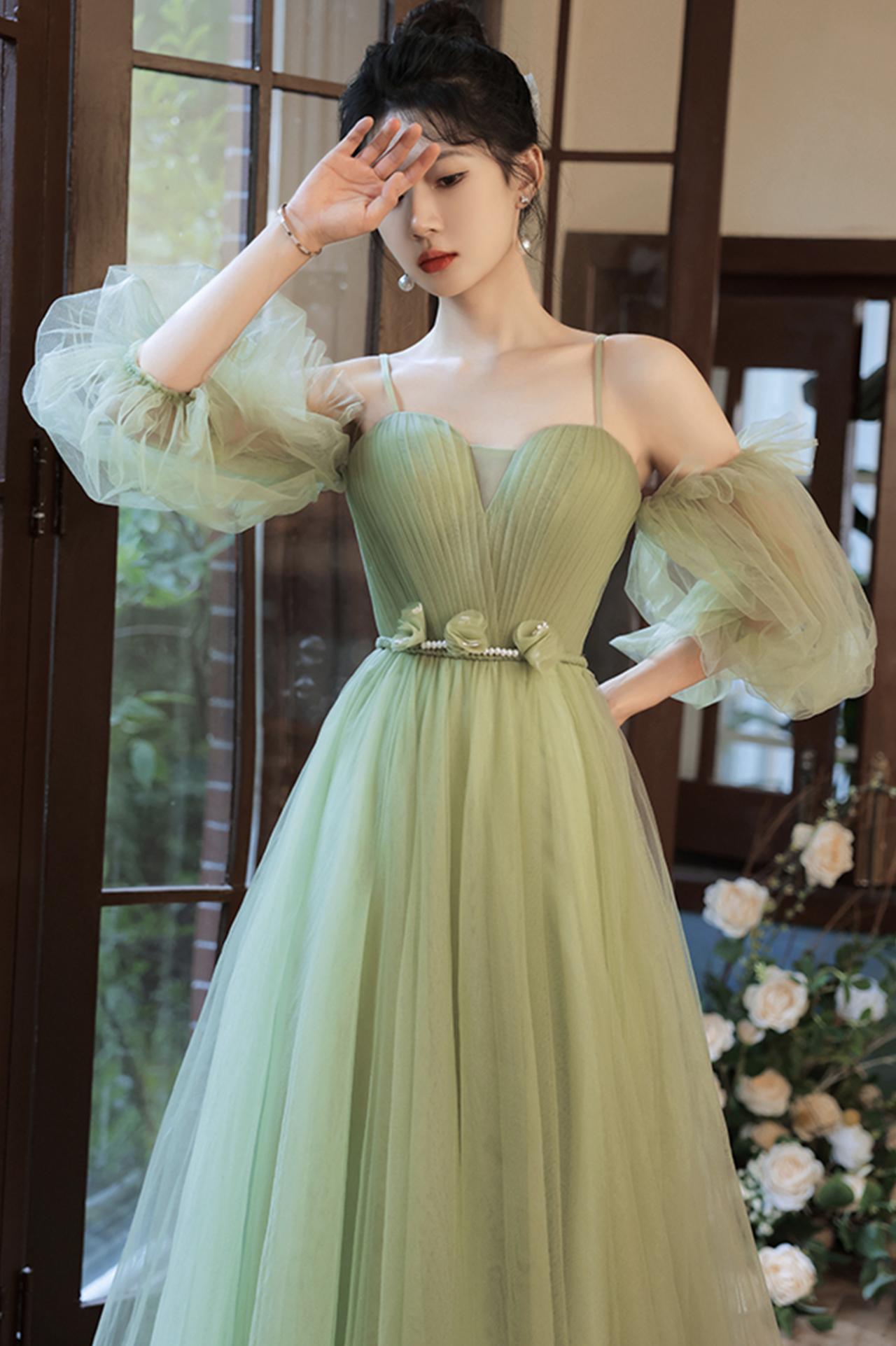 Green Long A-line Prom Dress,Trendy Tulle Formal Evening Dresses Y5602 main image 1