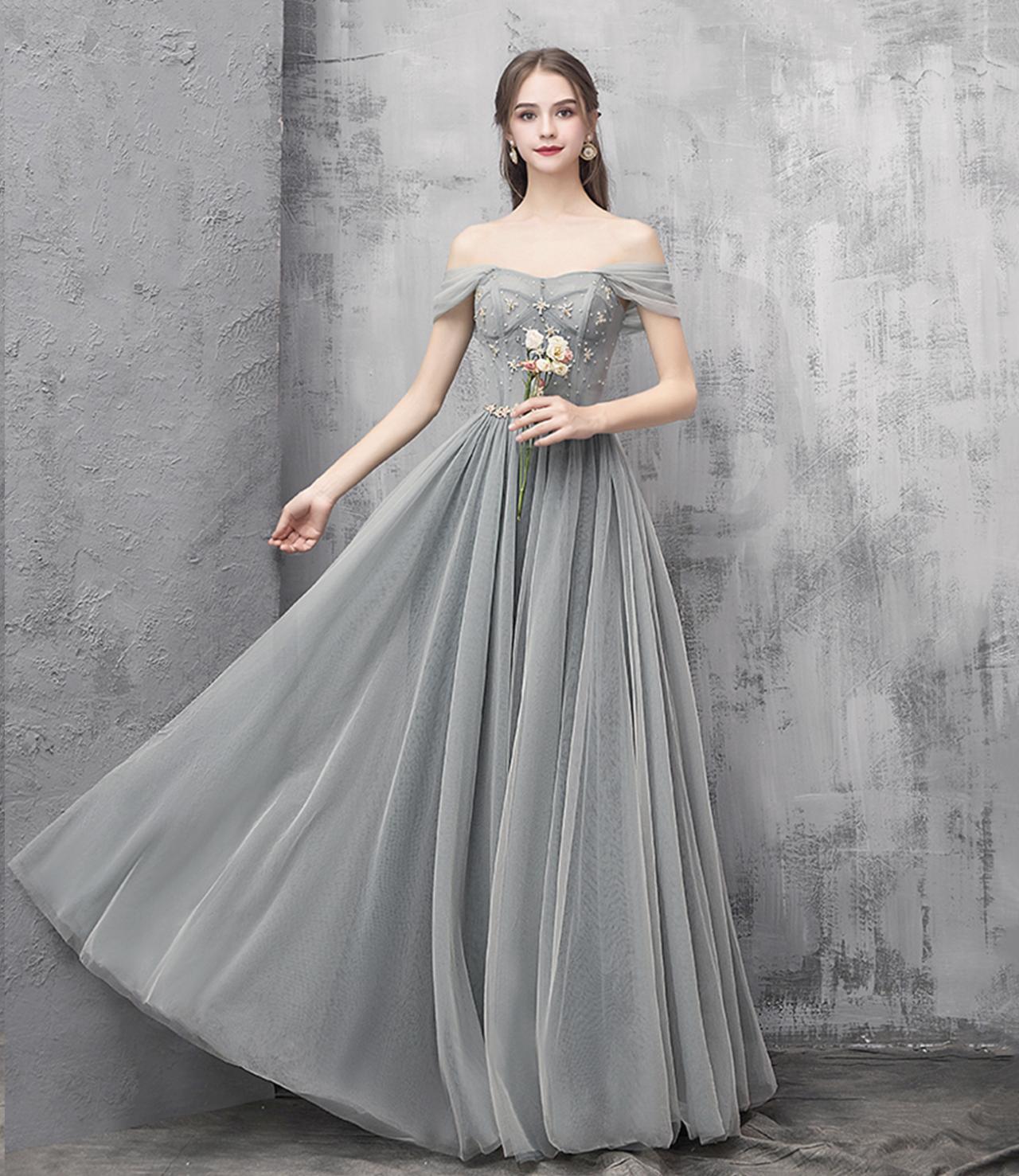 Cute Tulle Beads Long A Line Prom Dress A Line Evening Dress