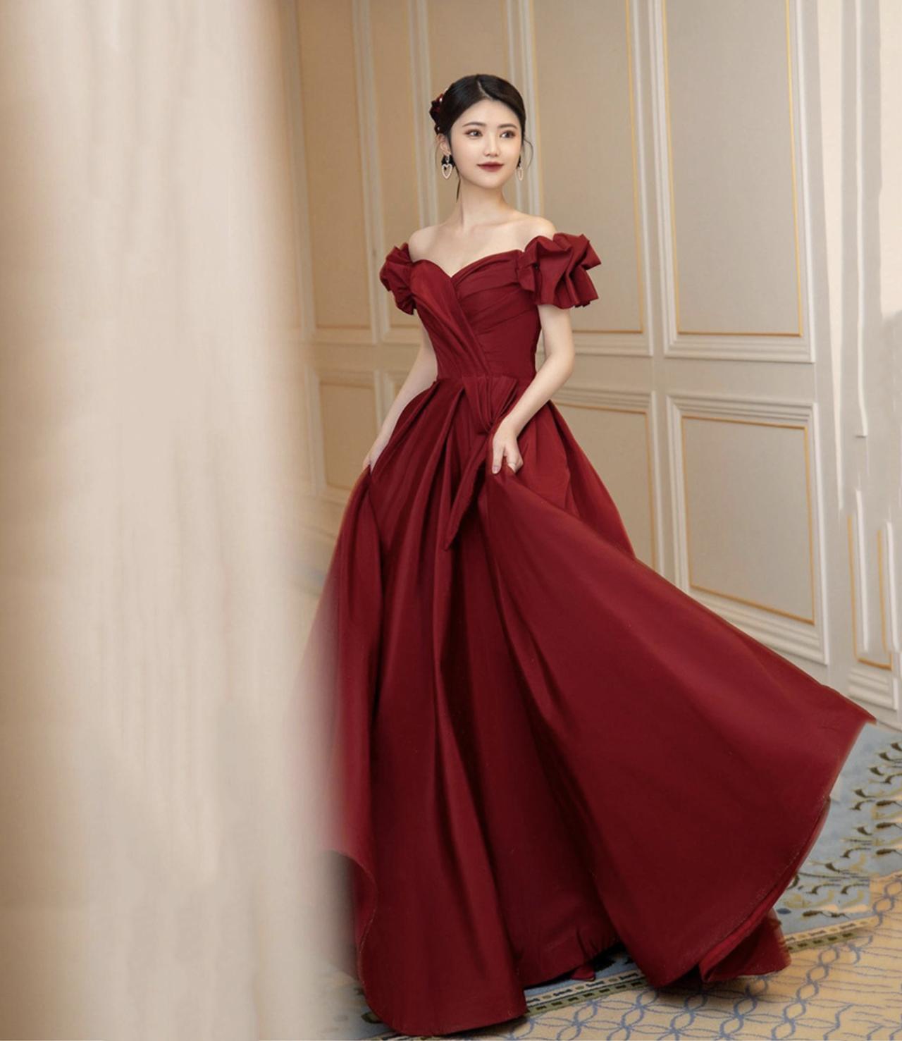 Burgundy Satin Long Prom Dress A Line Evening Dress