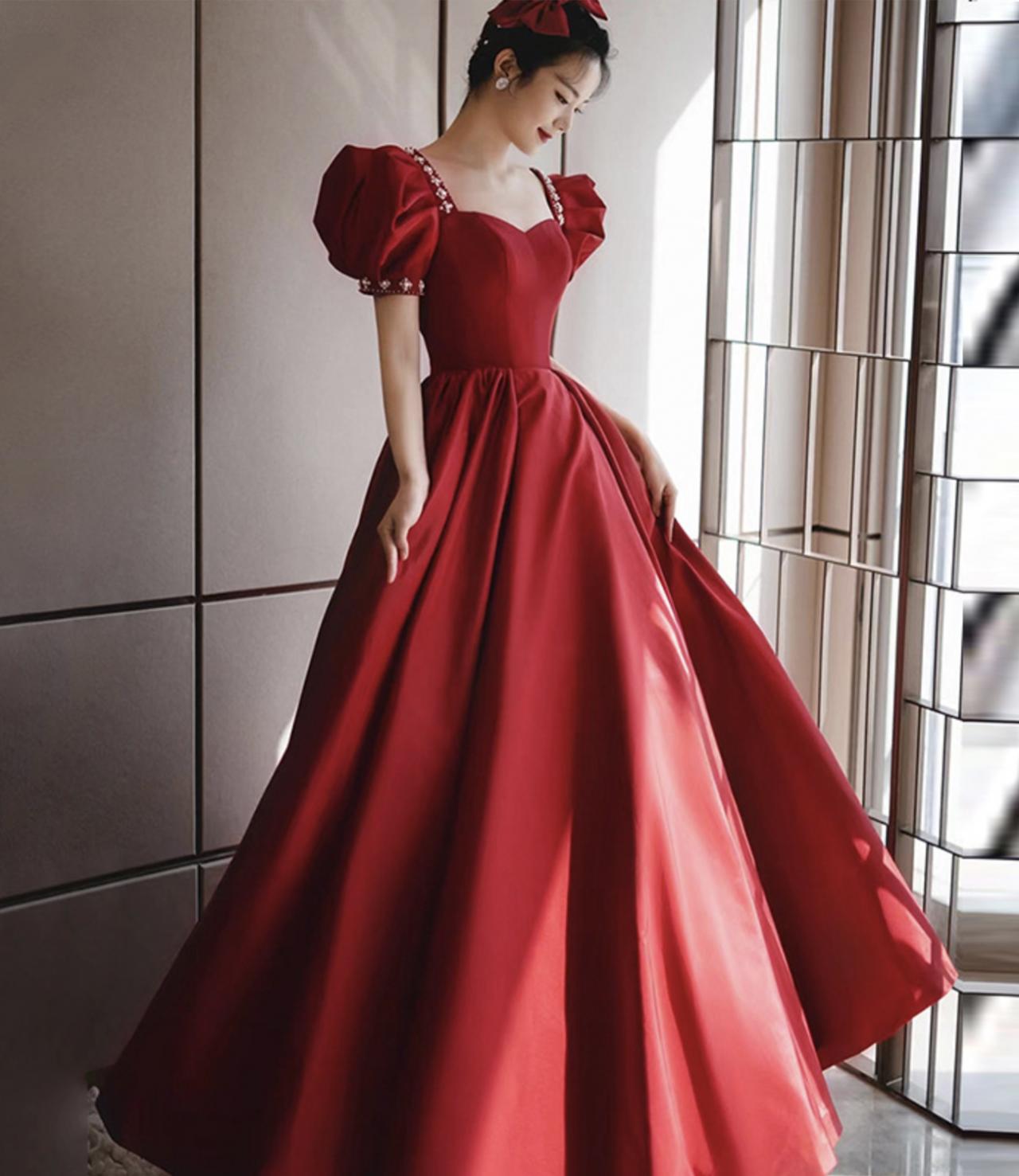 Burgundy satin long A line prom dress evening dress