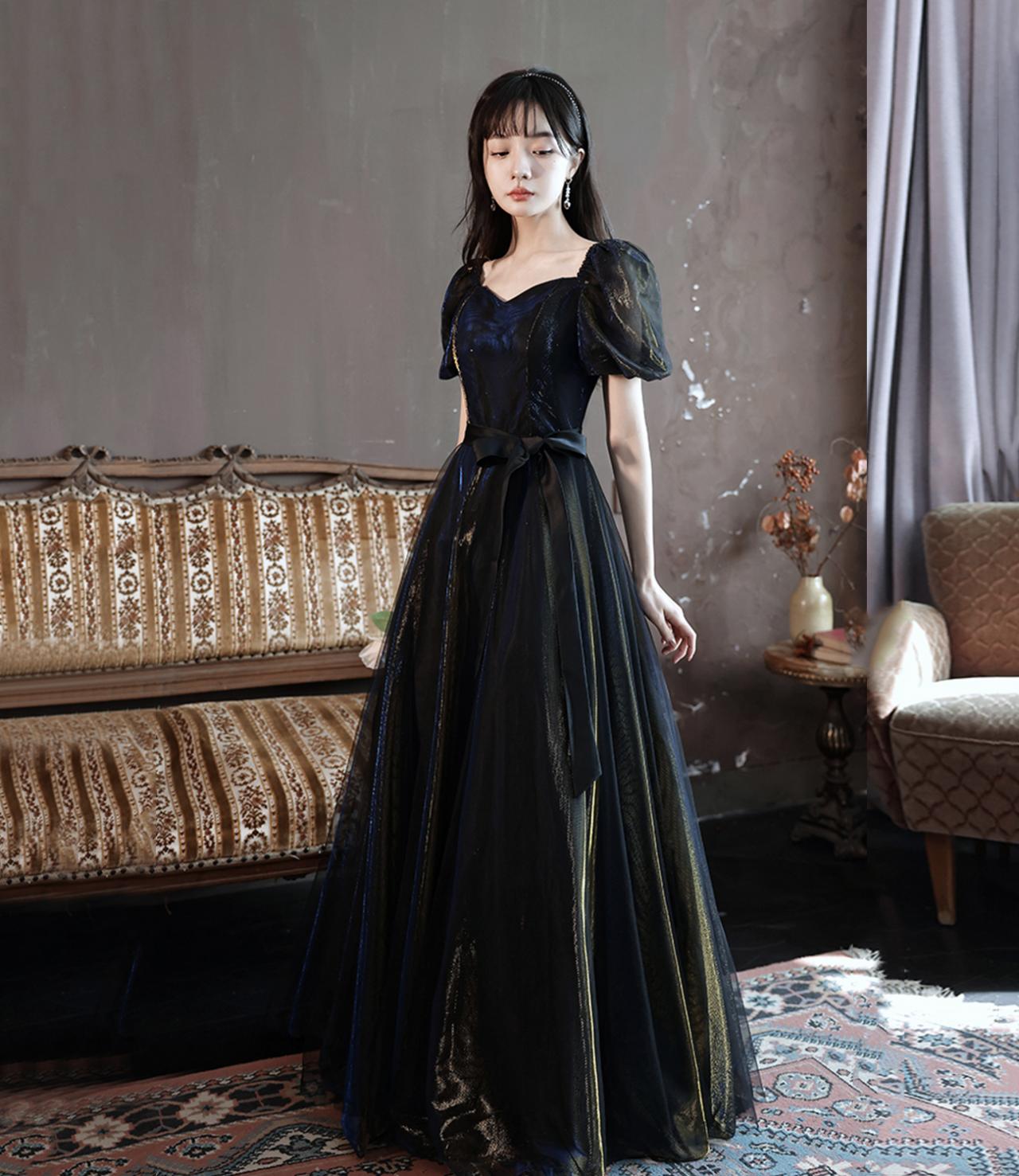 Black Tulle Long A Line Prom Dress Black Evening Dress