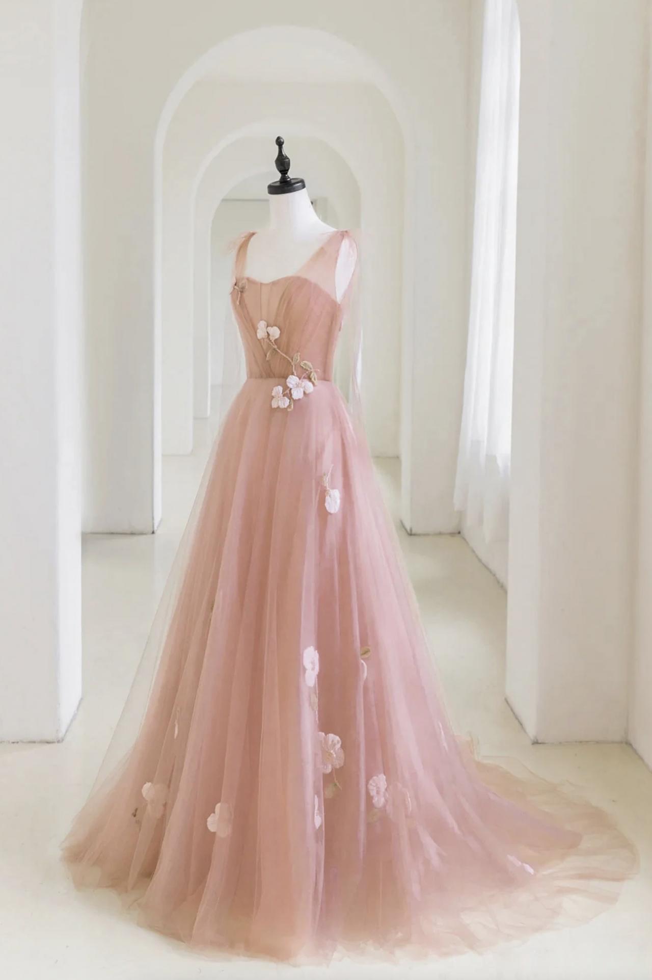 Pink Tulle Applique Long Prom Dress A Line Evening Dress on Luulla