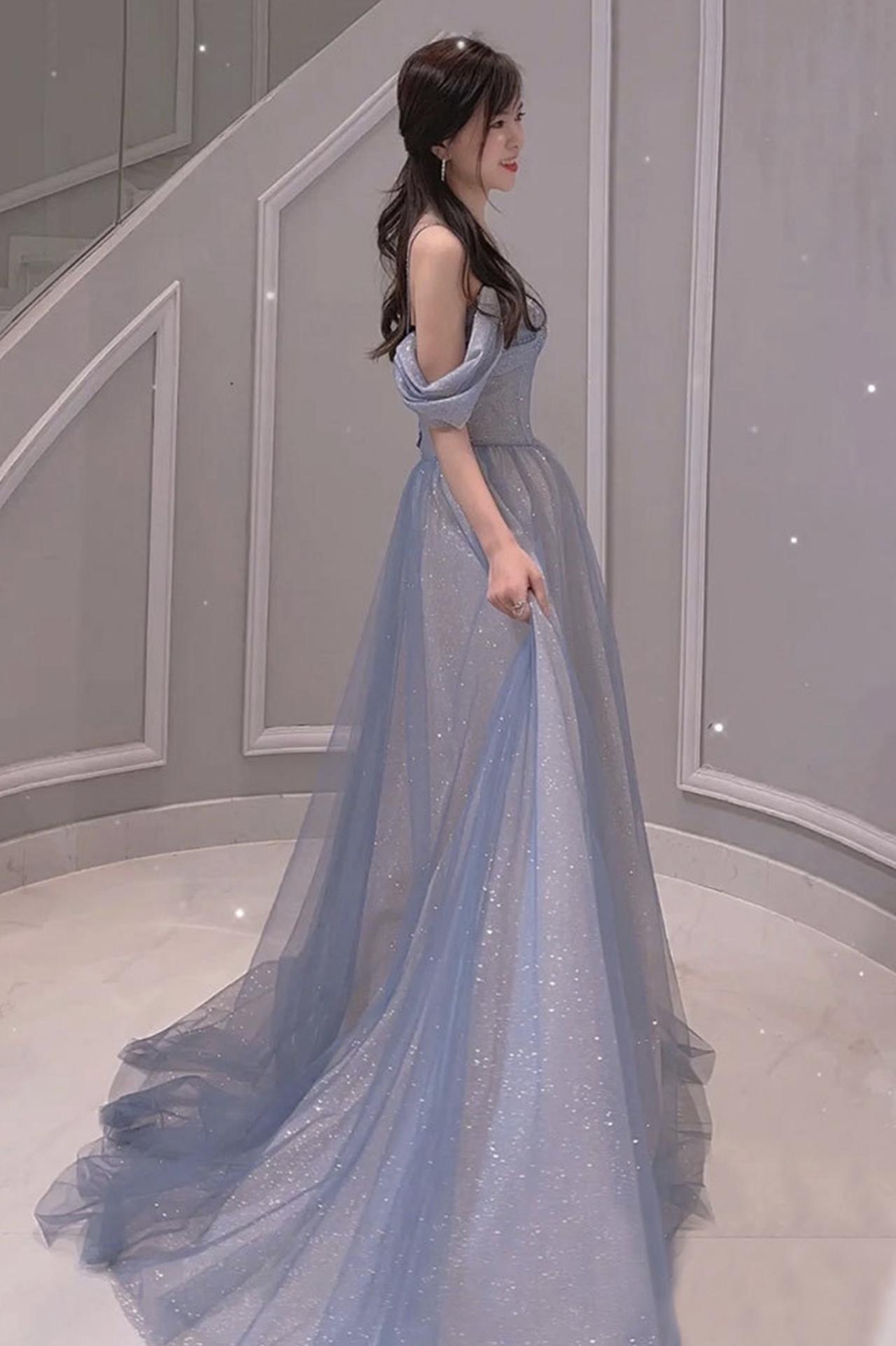 Cute Tulle Long Prom Dress, Shiny A-Line Evening Graduation Dress main image 1