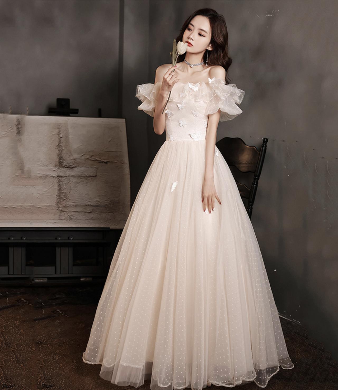 Champagne Tulle Long A Line Prom Dress Evening Dress
