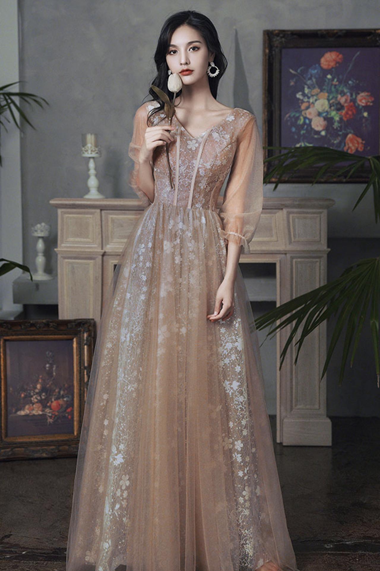 Cute Tulle Lace Long Prom Dress A Line Evening Dress Y5832