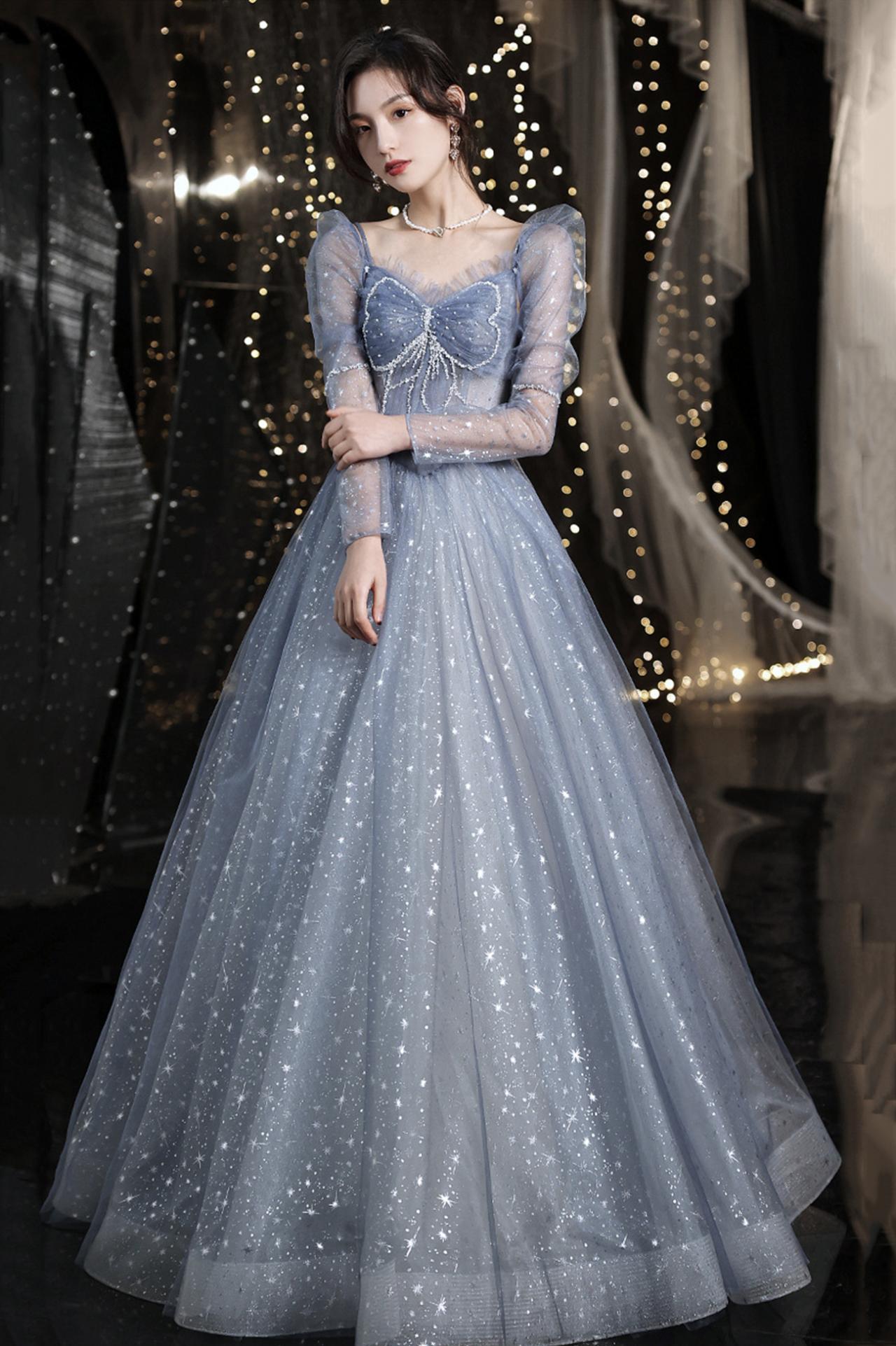 Blue Tulle Beads Long Prom Dress A Line Evening Dress on Luulla