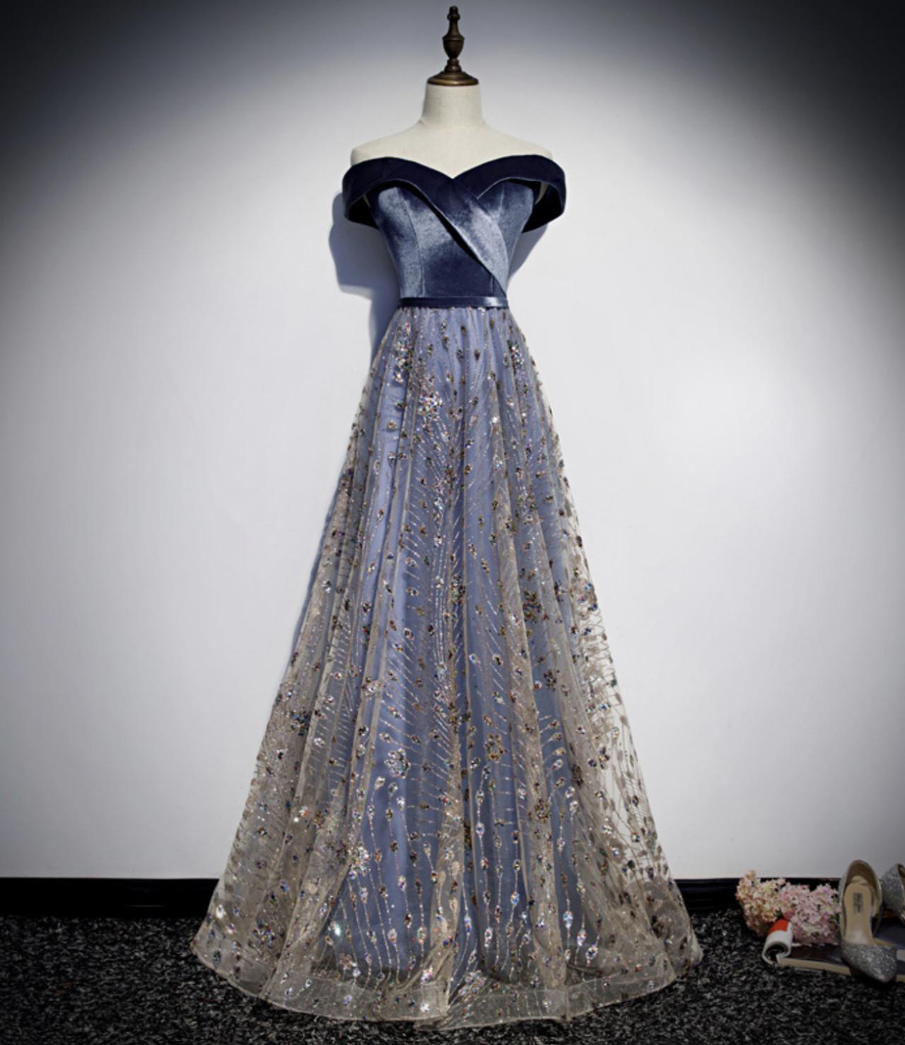 Blue Velvet Sequins Long Prom Dress A Line Evening Dress