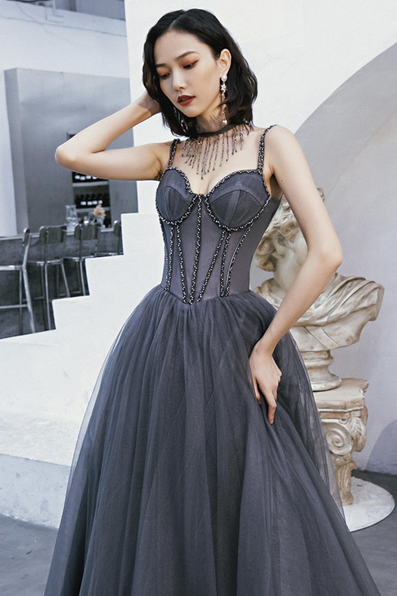 Gray A-Line Tulle Beads Bridesmaid Evening  Prom Dress