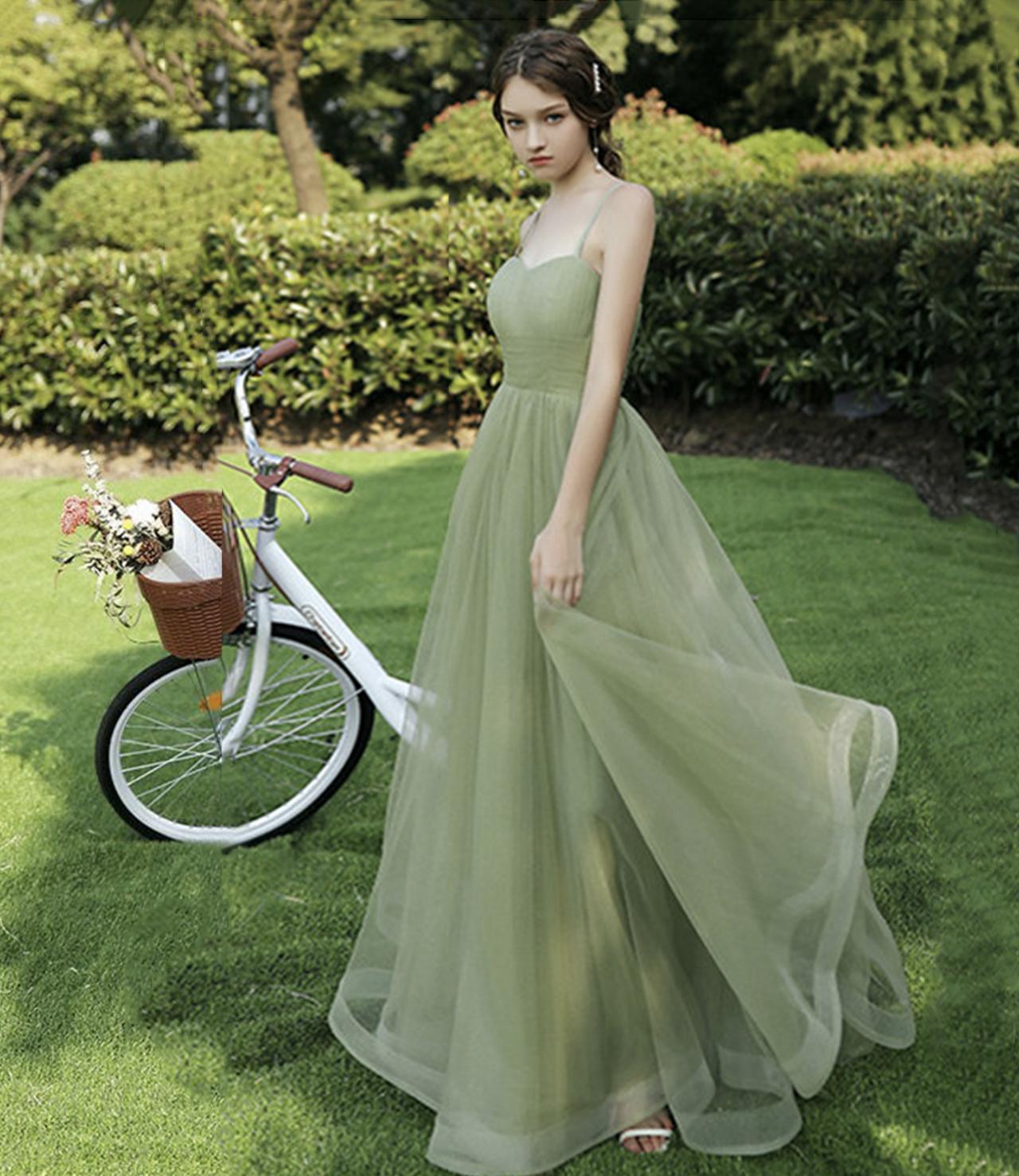 Green tulle long prom dress A line evening dress s56
