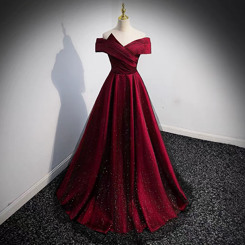 Burgundy Satin Tulle Long Prom Dress A Line Evening Gown