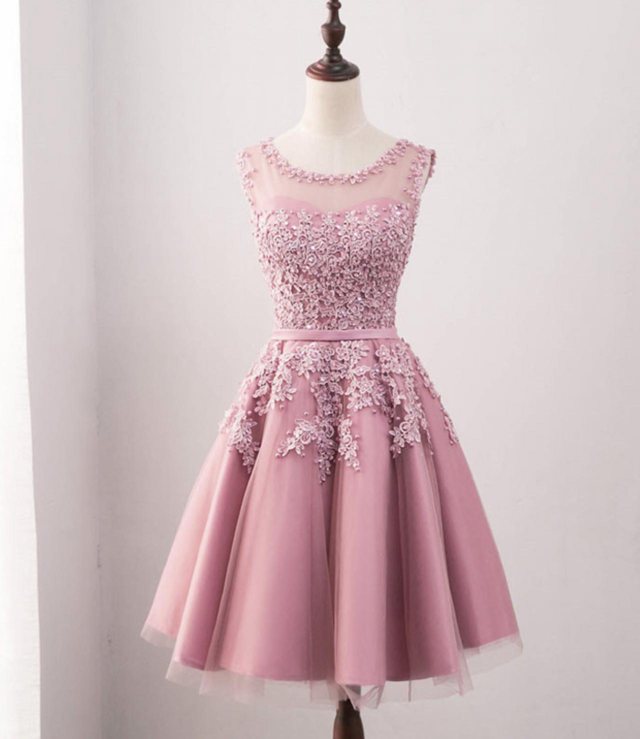 Cute Pink Lace Tulle Short Prom Dress, Pink Party Dress US 2 / Pink