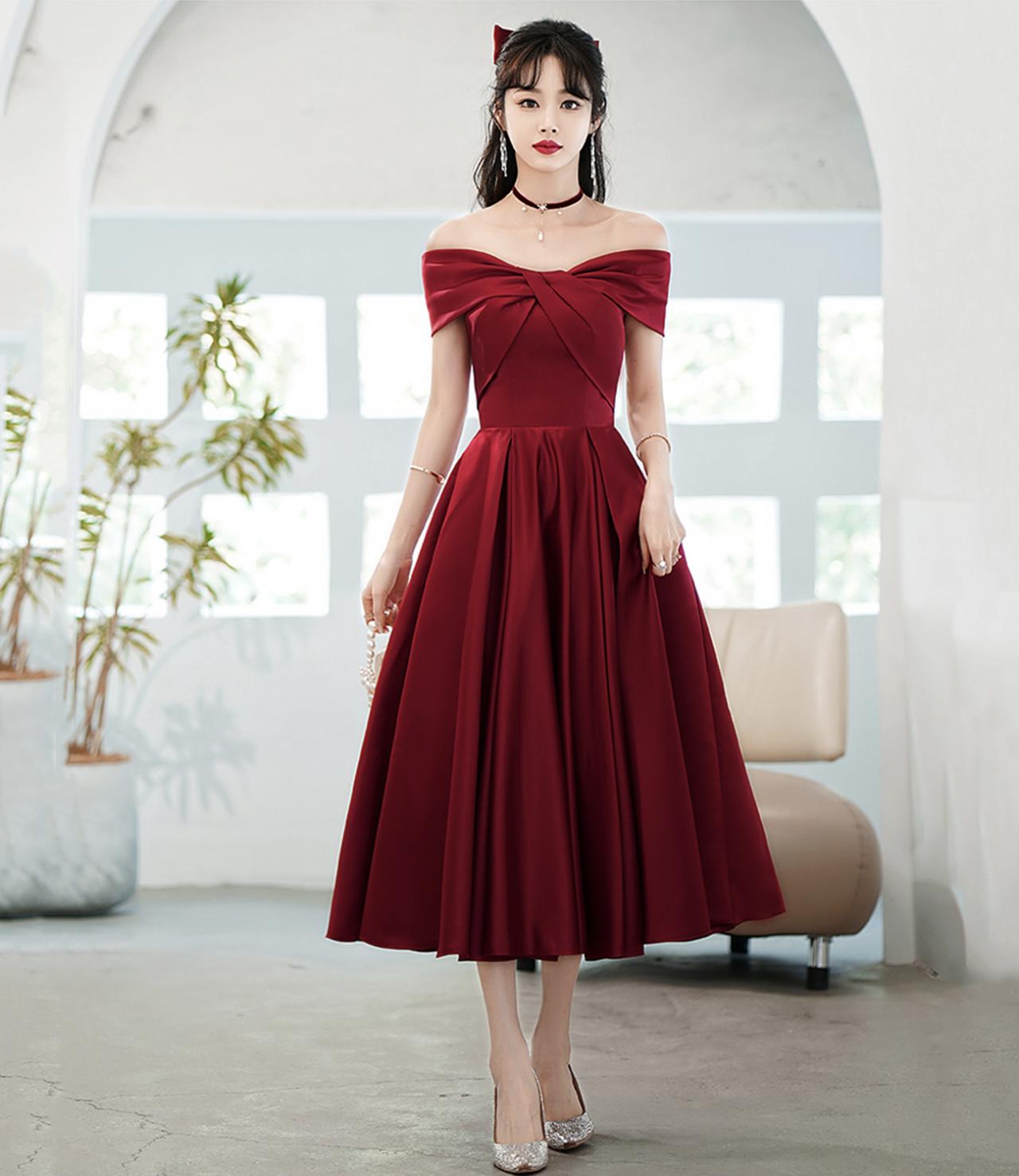 Burgundy Satin Short Prom Dress A Line Evening Dress on Luulla