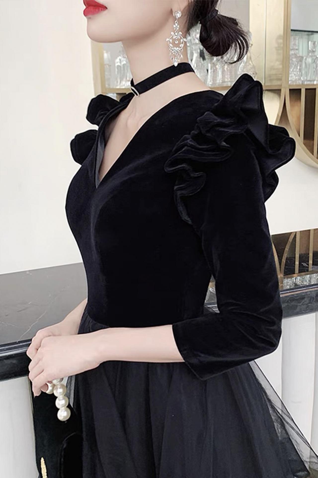 Cute V-Neck Bow Long Sleeve Dress Black Fashion Dress  10883