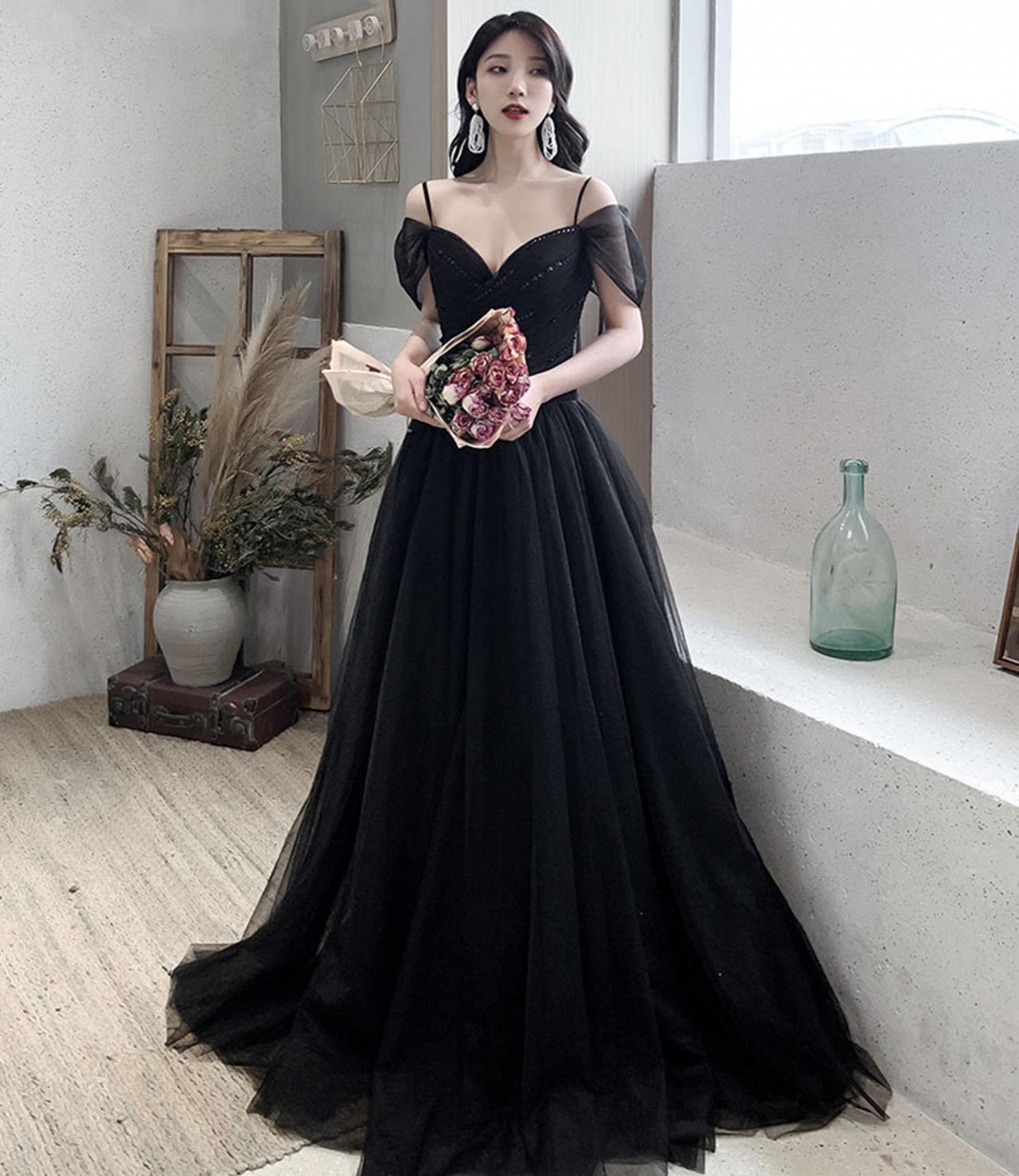 Black V-neck Tulle Long Prom Dress Black Evening Dress