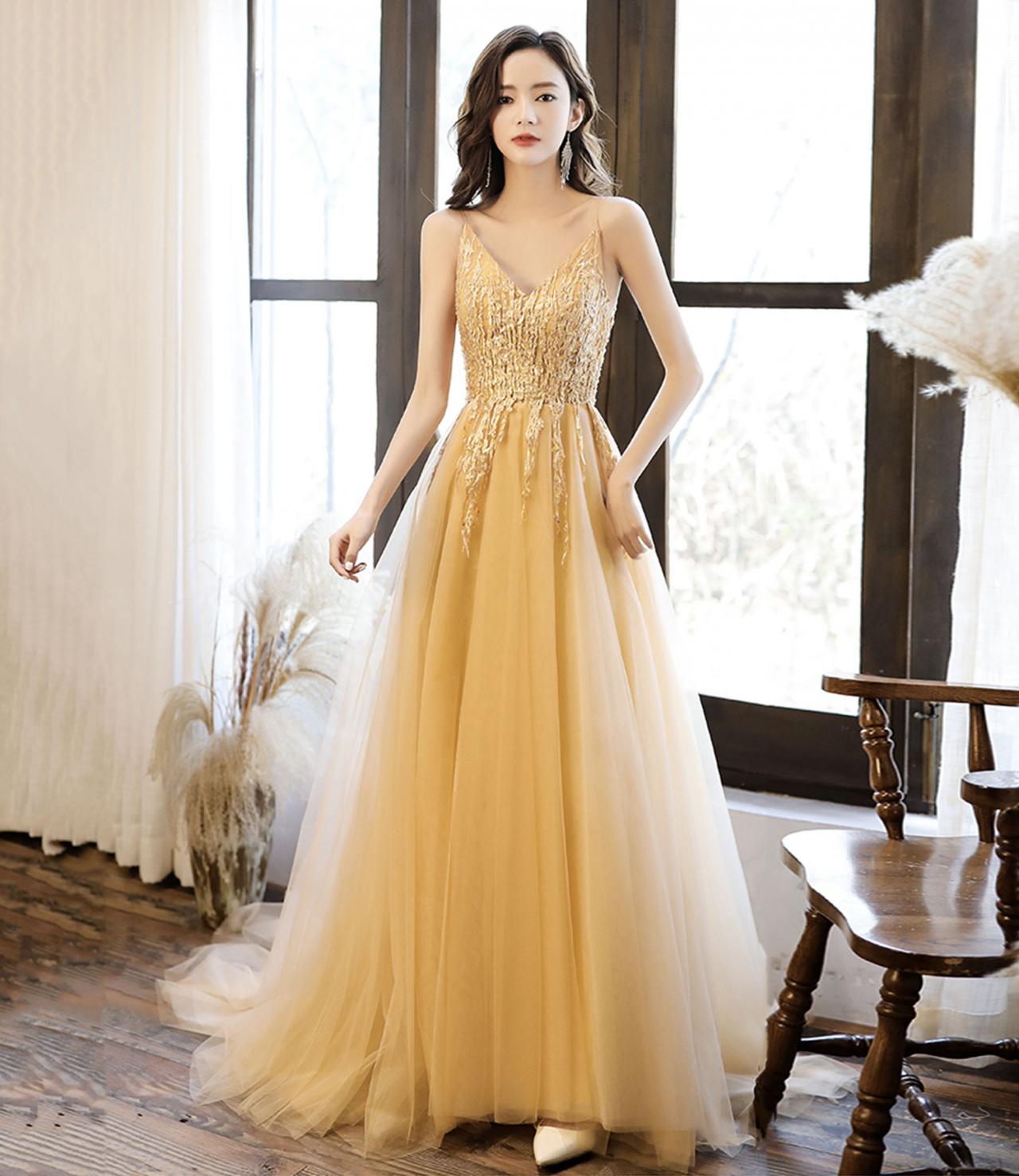 strapless open back dress Gold A-Line Tulle Gold Sequin Long Prom Dress, Gold Long Evening Dress –  formalgowns main image 1
