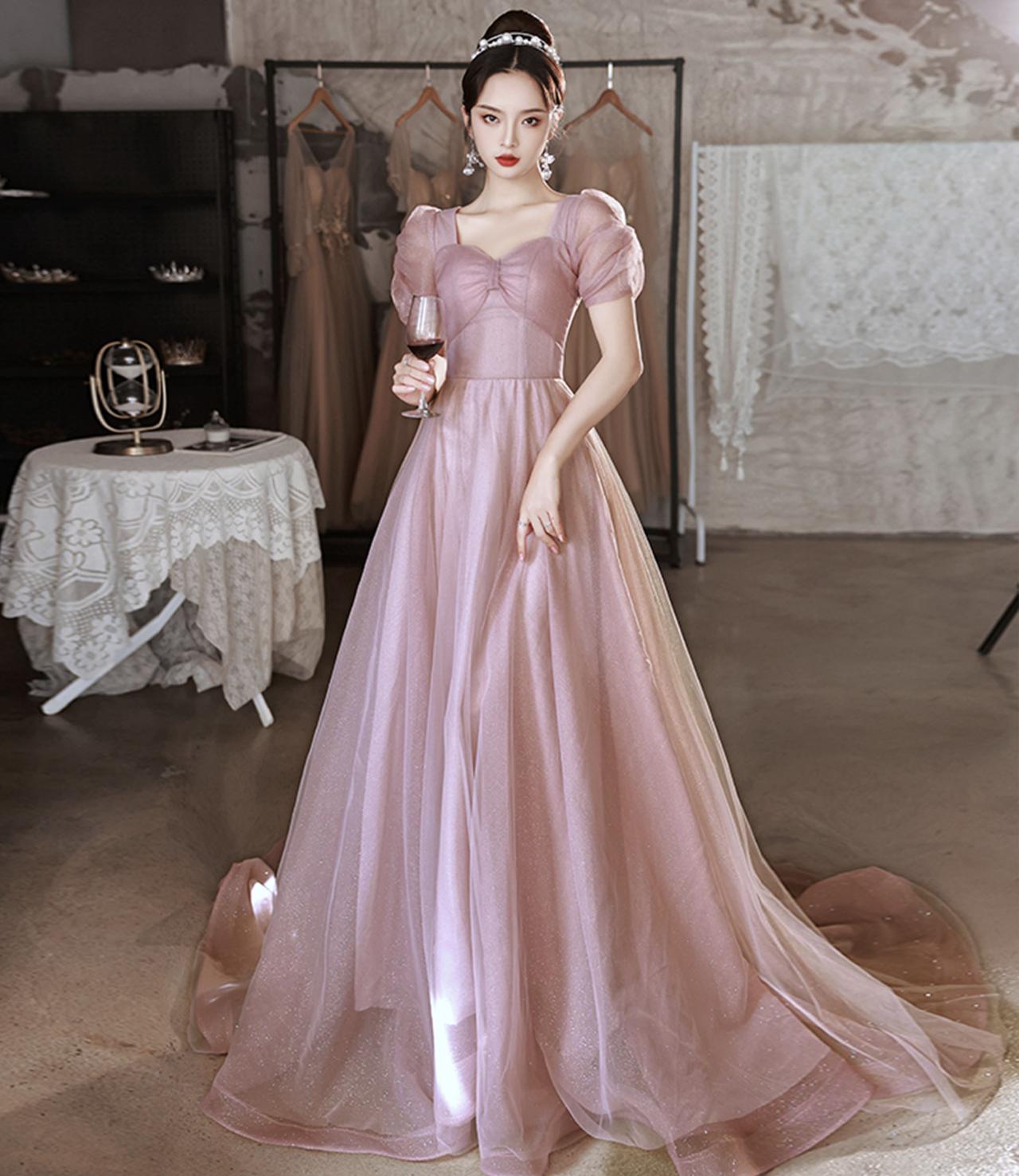 Pink Tulle Sequins Long Prom Dress Pink Evening Dress