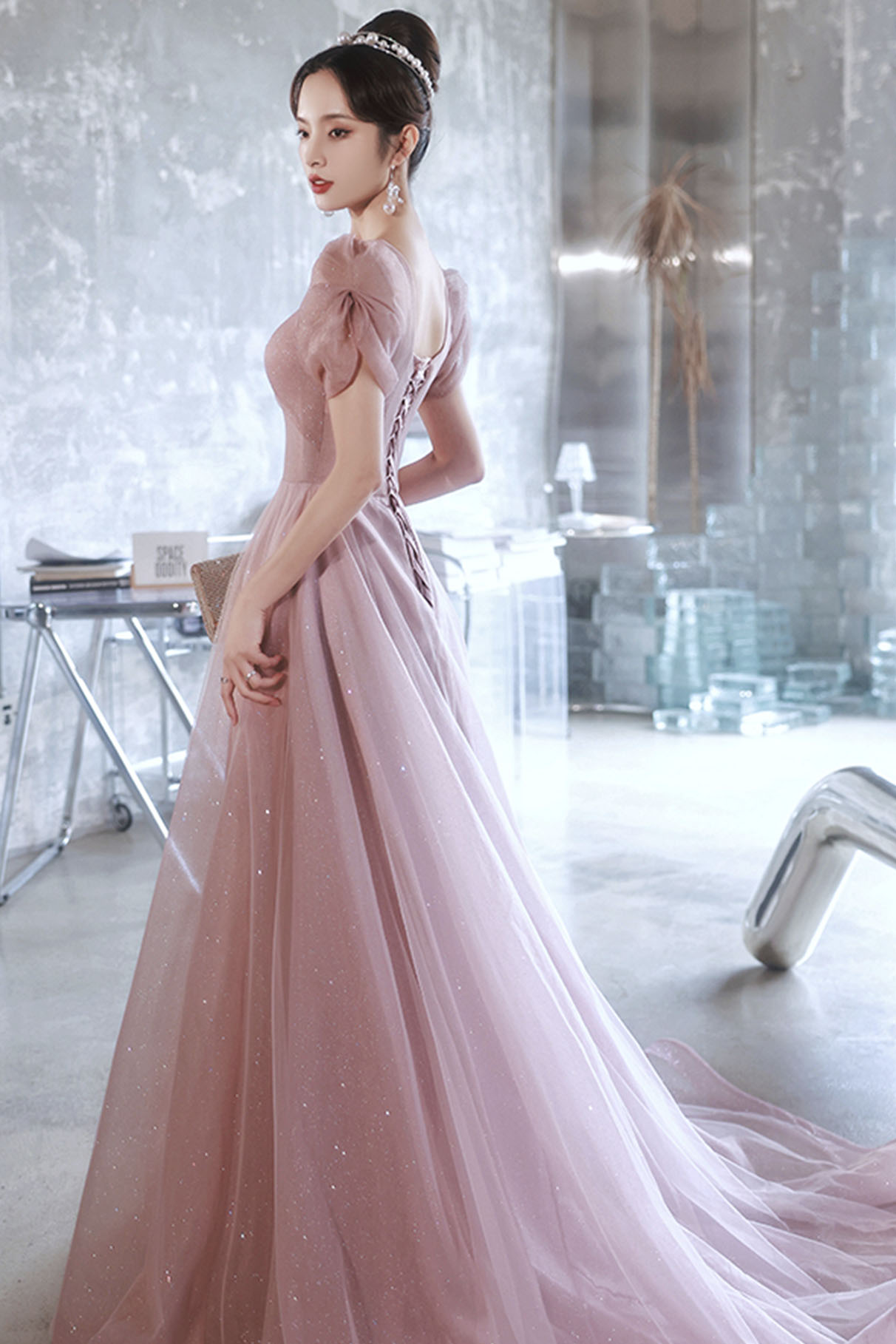 Pink tulle sequins long prom dress pink evening dress s61