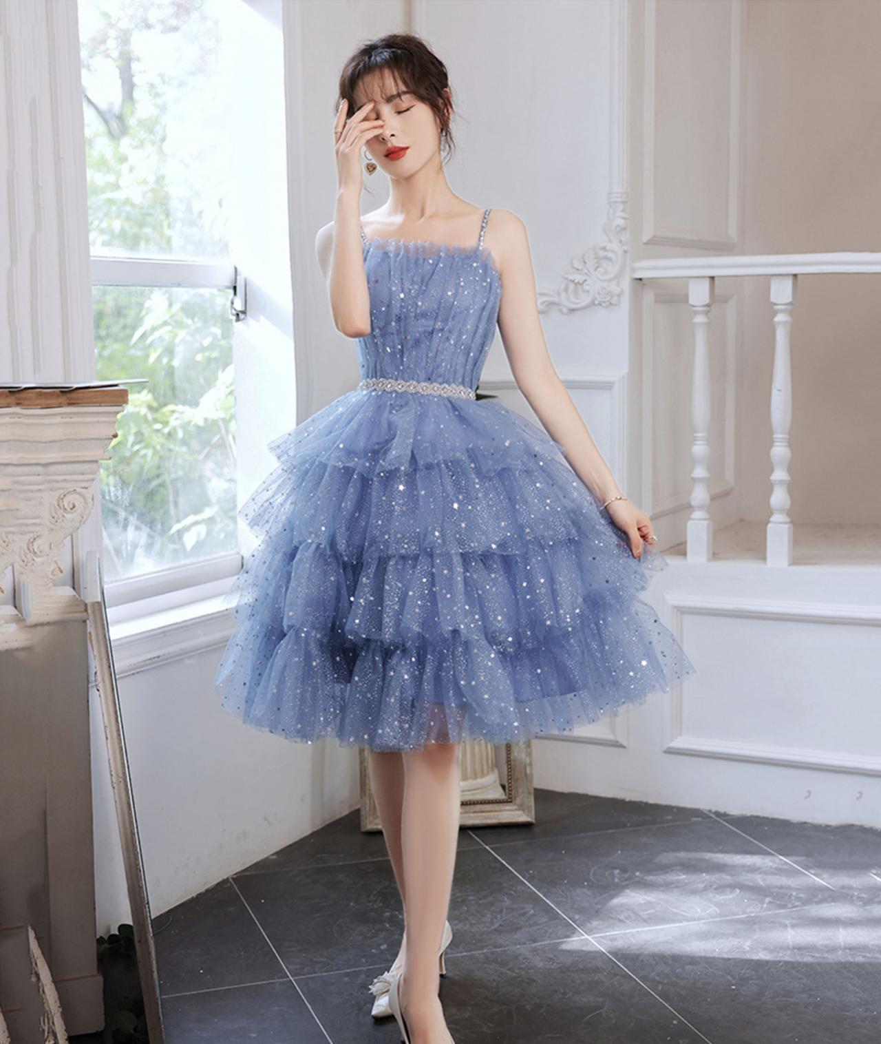 Lovely Blue Spaghetti Strap Short Prom Dress, Blue A-line Party Dress