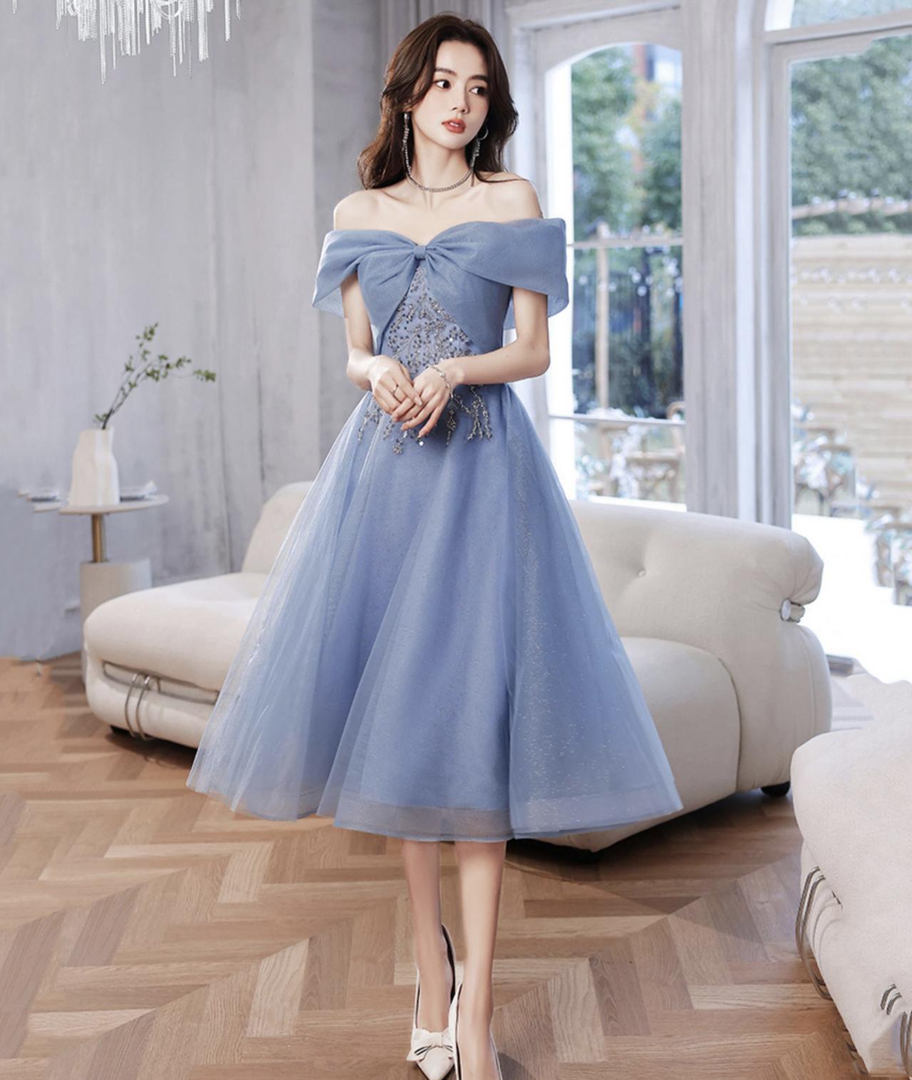 Lovely Blue Short Prom Dress, Blue A-line Party Dress With Beading