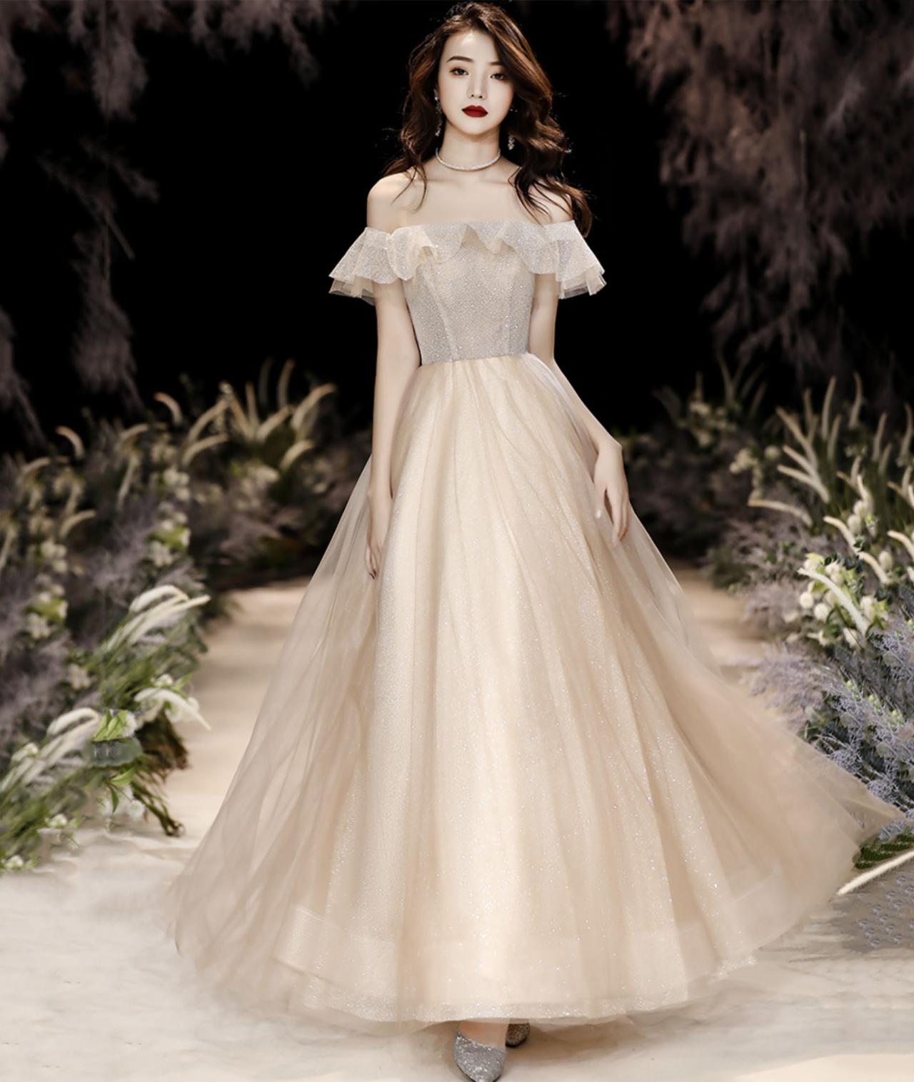Champagne Tulle Long Prom Dress, A-line Off The Shoulder Evening Dress