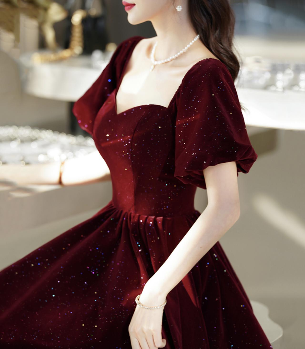 Burgundy Velvet Long Prom Dress, A-line Short Sleeve Evening Dress