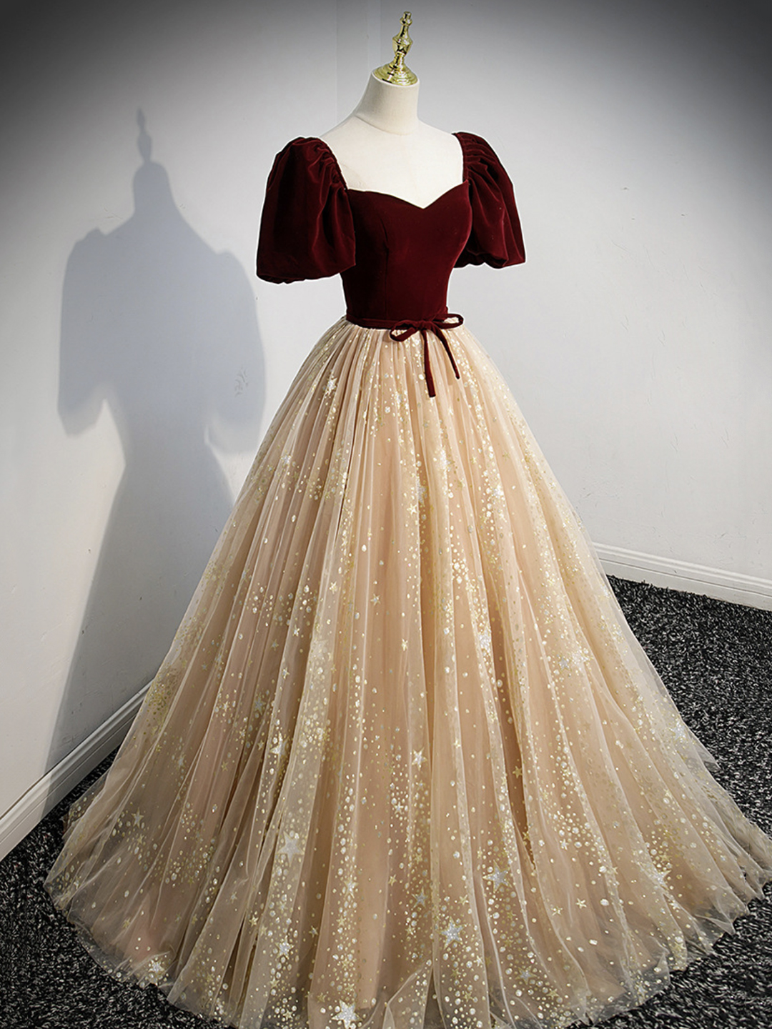 Burgundy Velvet Tulle Long Prom Dress, A-line Short Sleeve Evening Dress