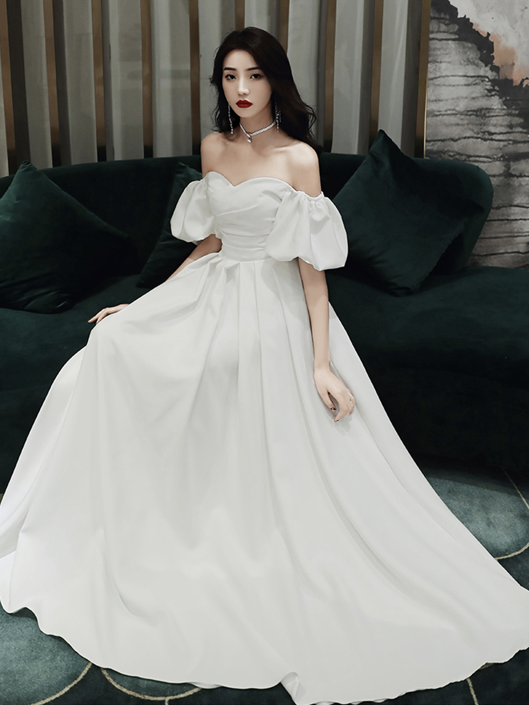 White Off Shoulder Long Prom Gown Evening Dress