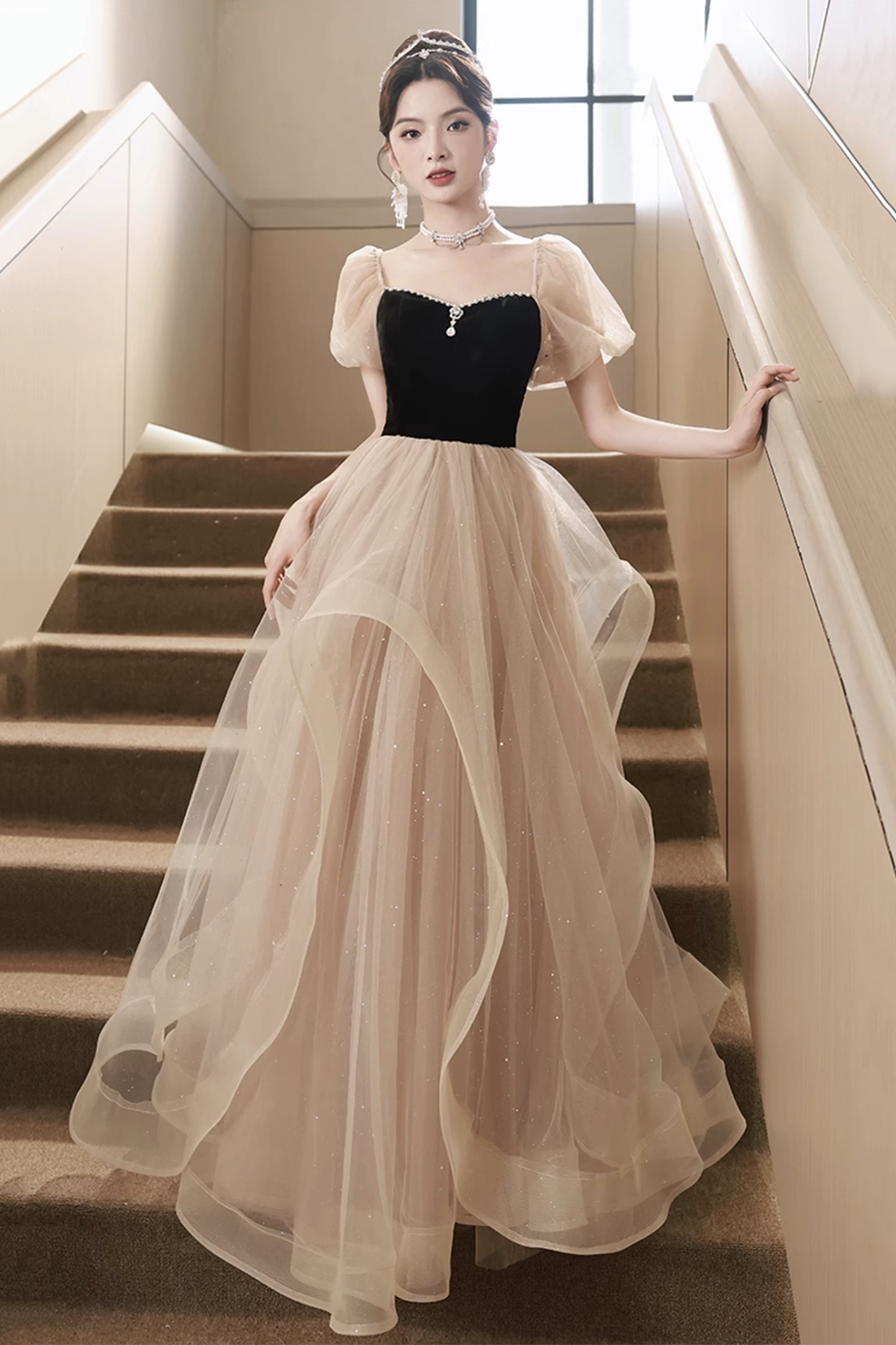 Cute Tulle Velvet Formal Dress, A-line Short Sleeves Long Prom Dress