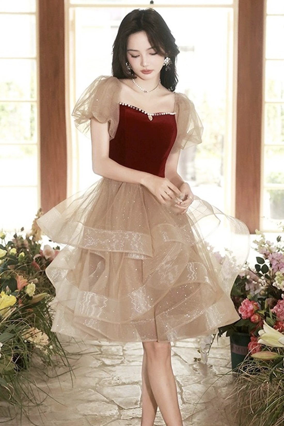 Cute Tulle Velvet Formal Dress, A-Line Short Sleeves Short Prom Dress